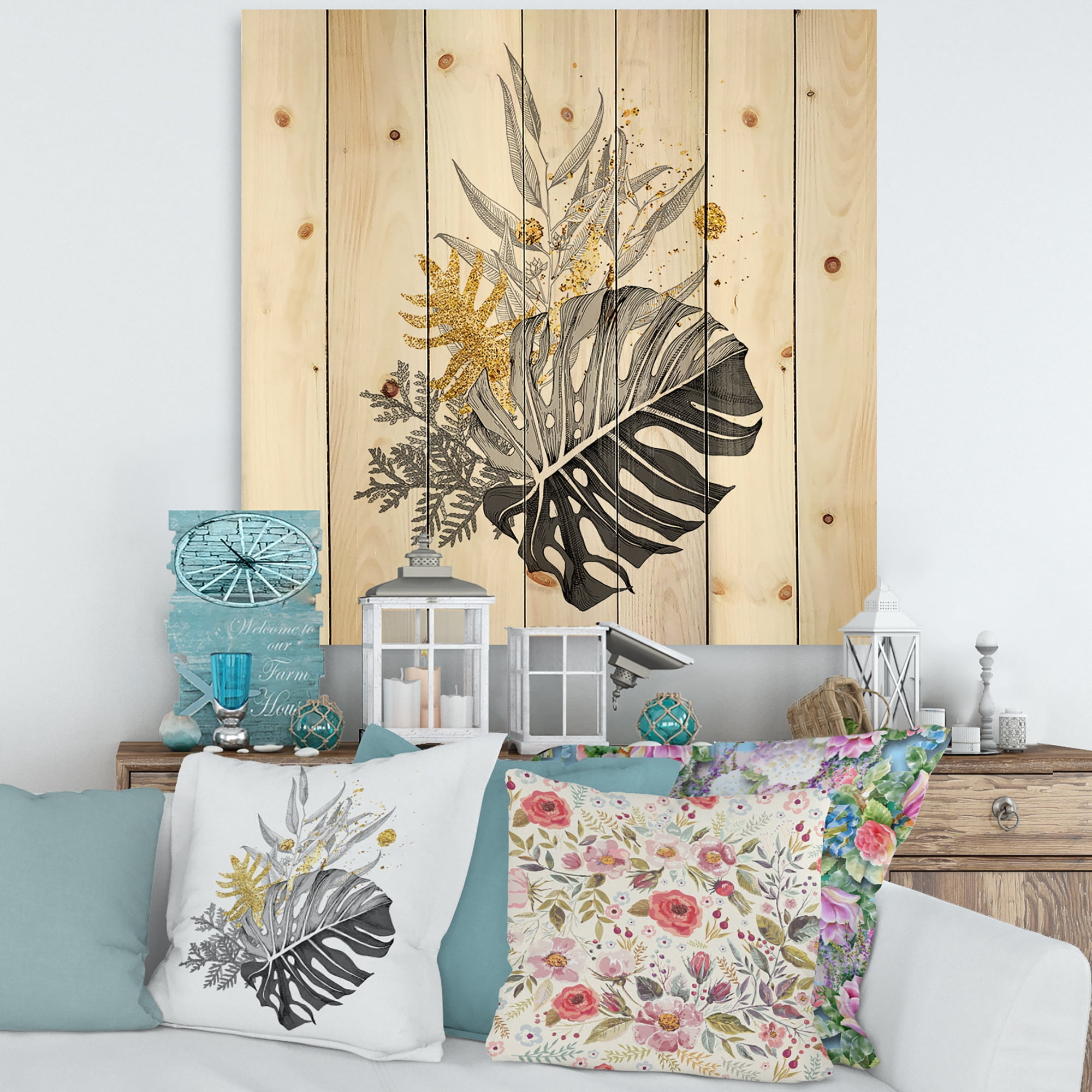 Designart 'Bouquet With Golden Tropical Leaves and Monochrome' Tropical Print on Natural Pine Wood
