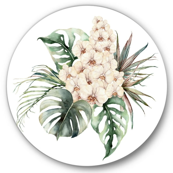 Designart 'Bouquet With Orchids Coconut Leaves and Monstera ' Traditional Circle Metal Wall Art 29x29 - Disc of 29
