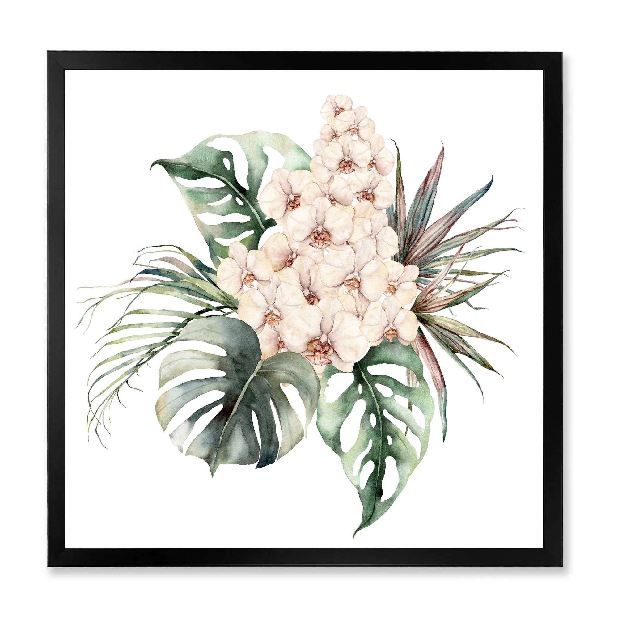 Designart 'Bouquet With Orchids Coconut Leaves and Monstera ' Traditional Framed Art Print
