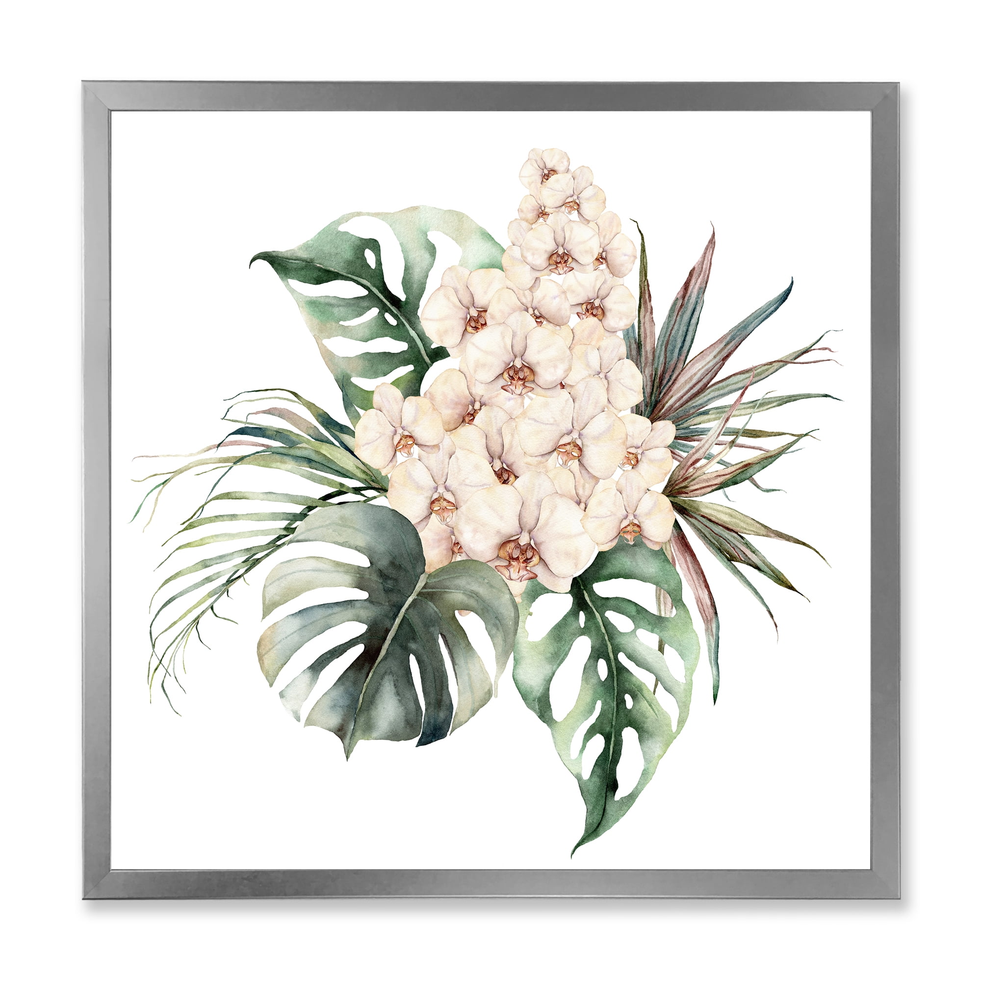 Designart 'Bouquet With Orchids Coconut Leaves and Monstera ' Traditional Framed Art Print