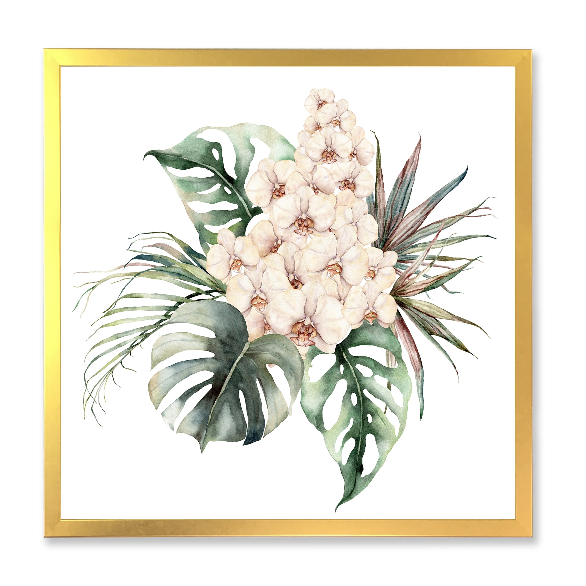 Designart 'Bouquet With Orchids Coconut Leaves and Monstera ' Traditional Framed Art Print