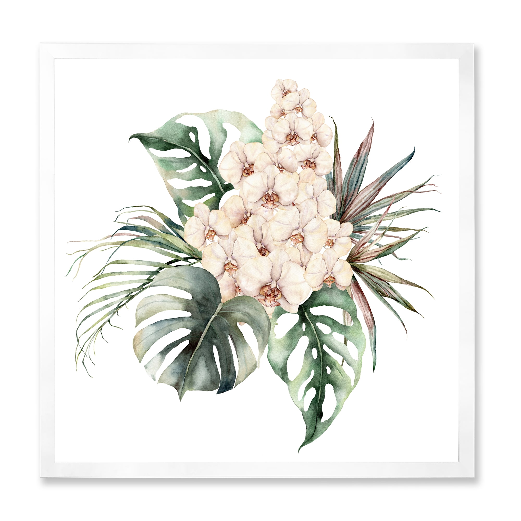 Designart 'Bouquet With Orchids Coconut Leaves and Monstera ' Traditional Framed Art Print