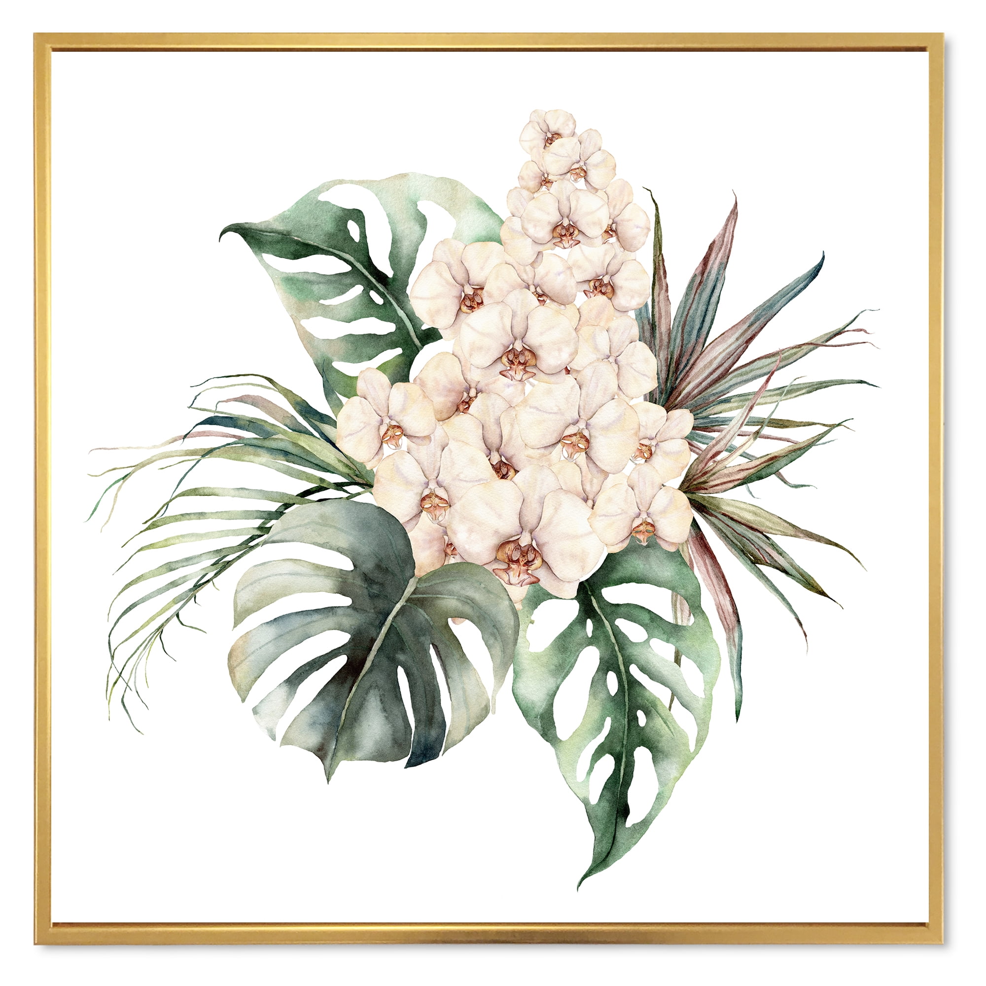 Designart 'Bouquet With Orchids Coconut Leaves and Monstera ' Traditional Framed Canvas Wall Art Print