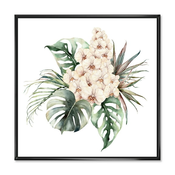 Designart 'Bouquet With Orchids Coconut Leaves and Monstera ' Traditional Framed Canvas Wall Art Print