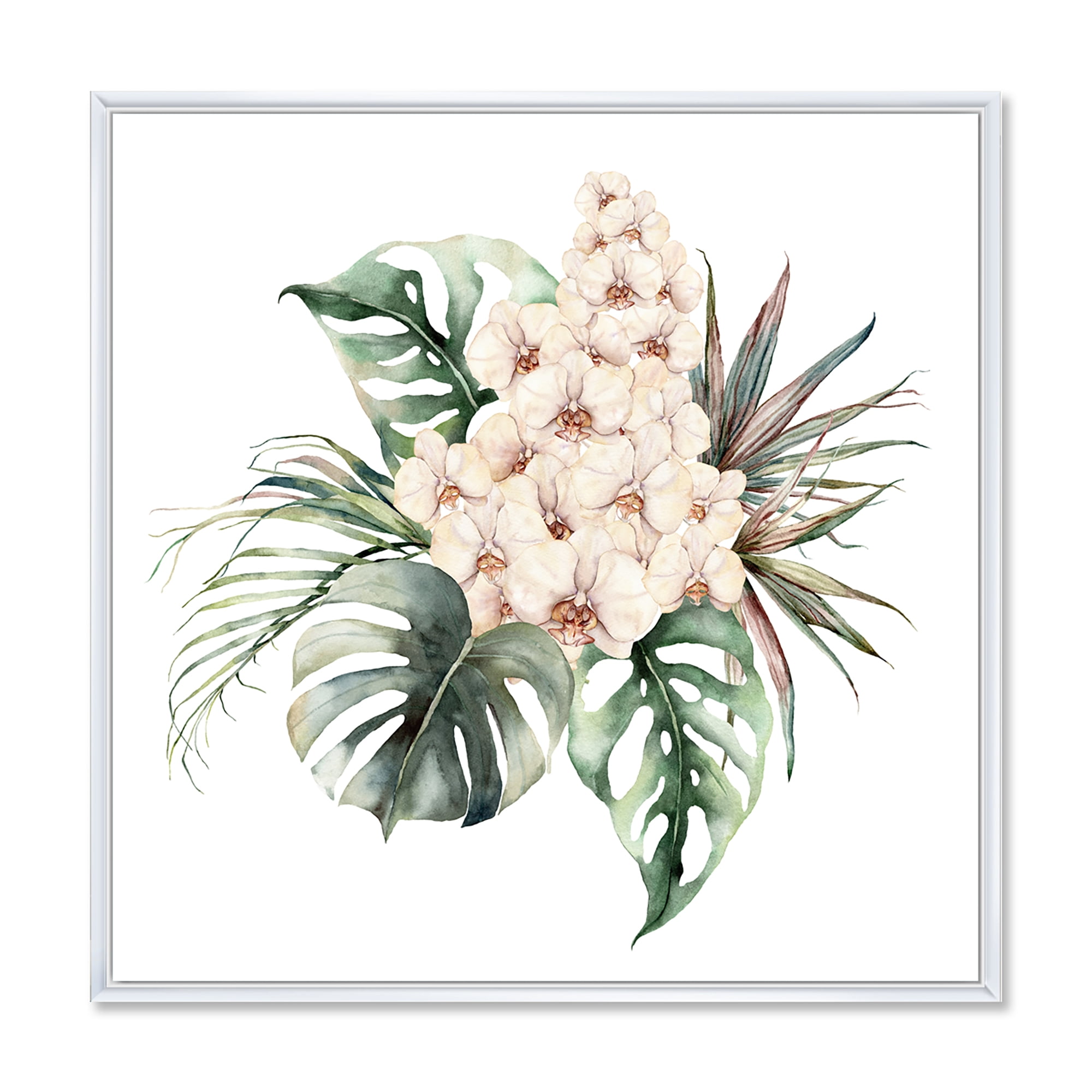 Designart 'Bouquet With Orchids Coconut Leaves and Monstera ' Traditional Framed Canvas Wall Art Print
