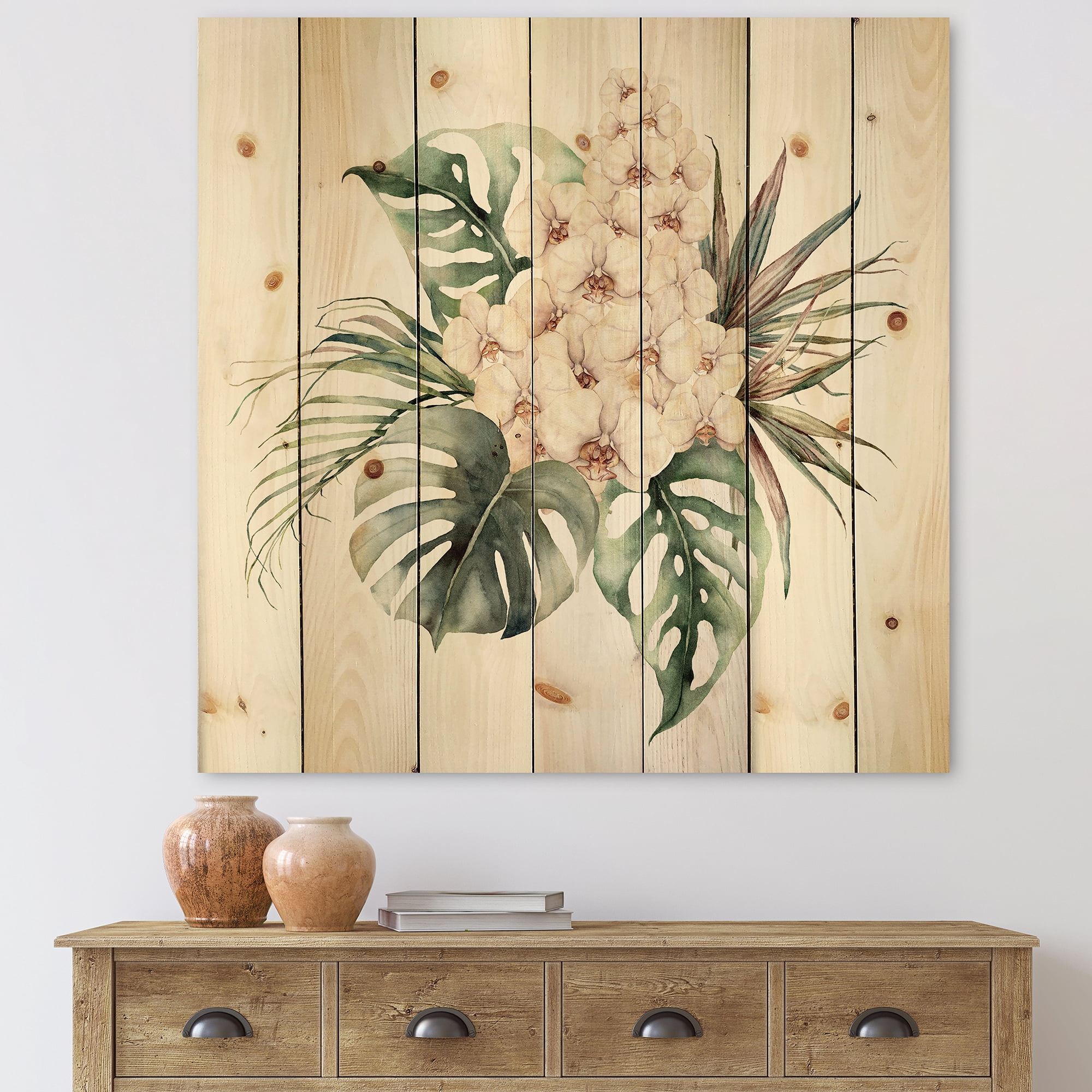 Designart 'Bouquet With Orchids Coconut Leaves and Monstera ' Traditional Print on Natural Pine Wood