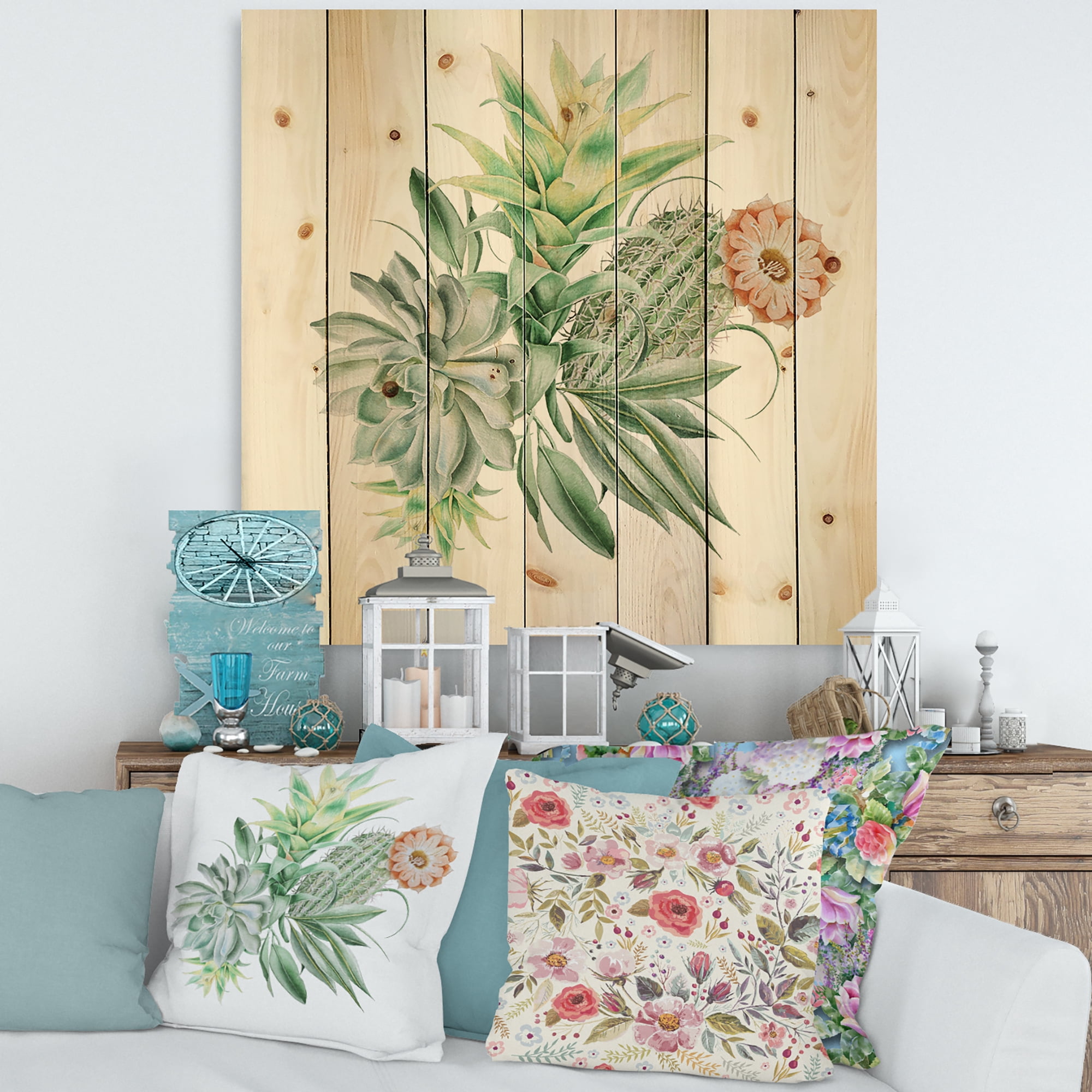 Designart 'Bouquet With Succulents and Cactus' Botanical Print on Natural Pine Wood