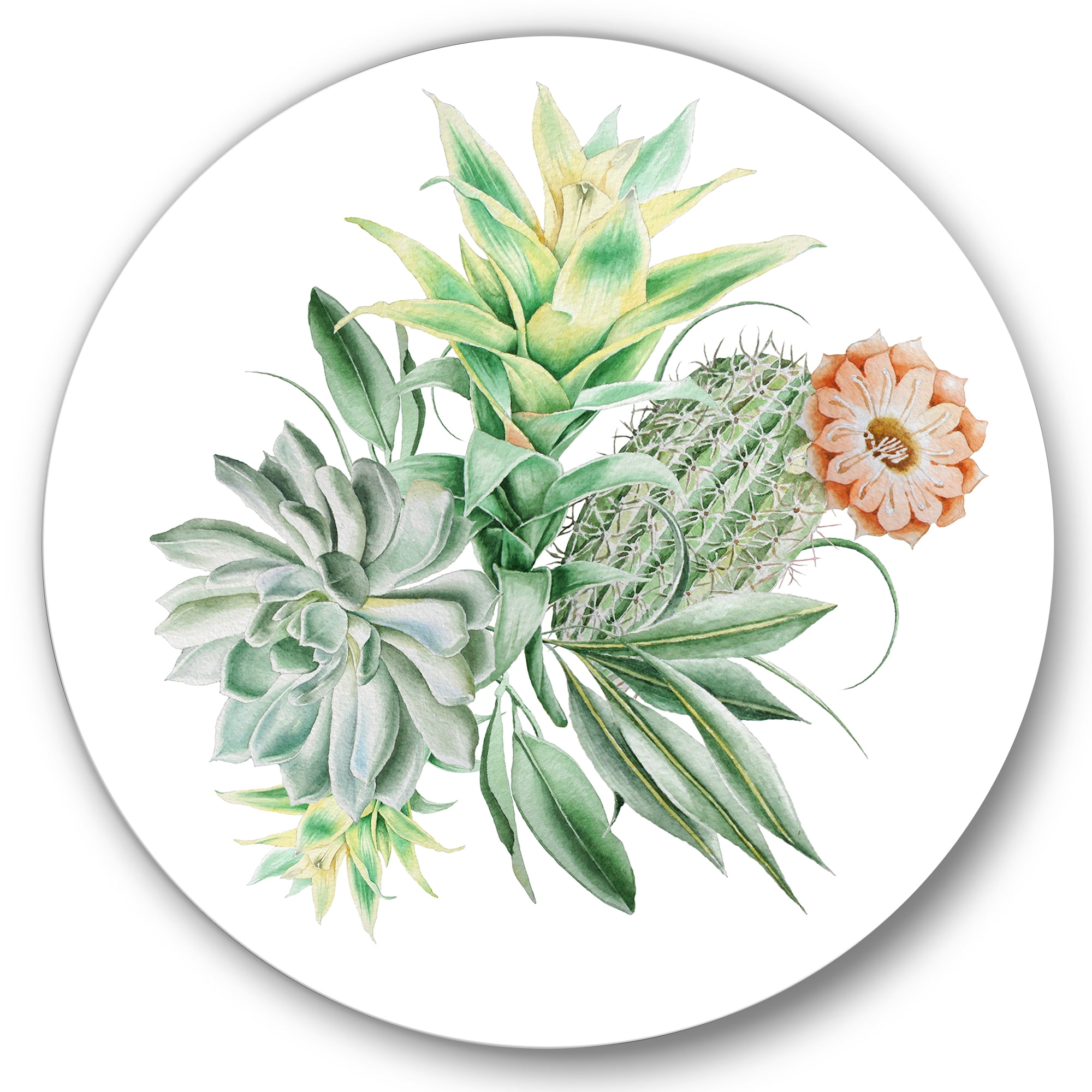 Designart 'Bouquet With Succulents and Cactus' Traditional Circle Metal Wall Art 23x23 - Disc of 23