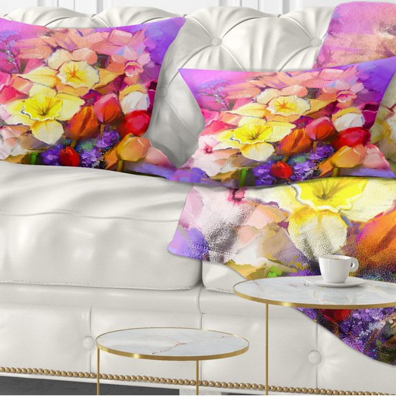 Designart Bouquet of Daffodil and Tulip Flowers - Floral Throw Pillow - 12x20
