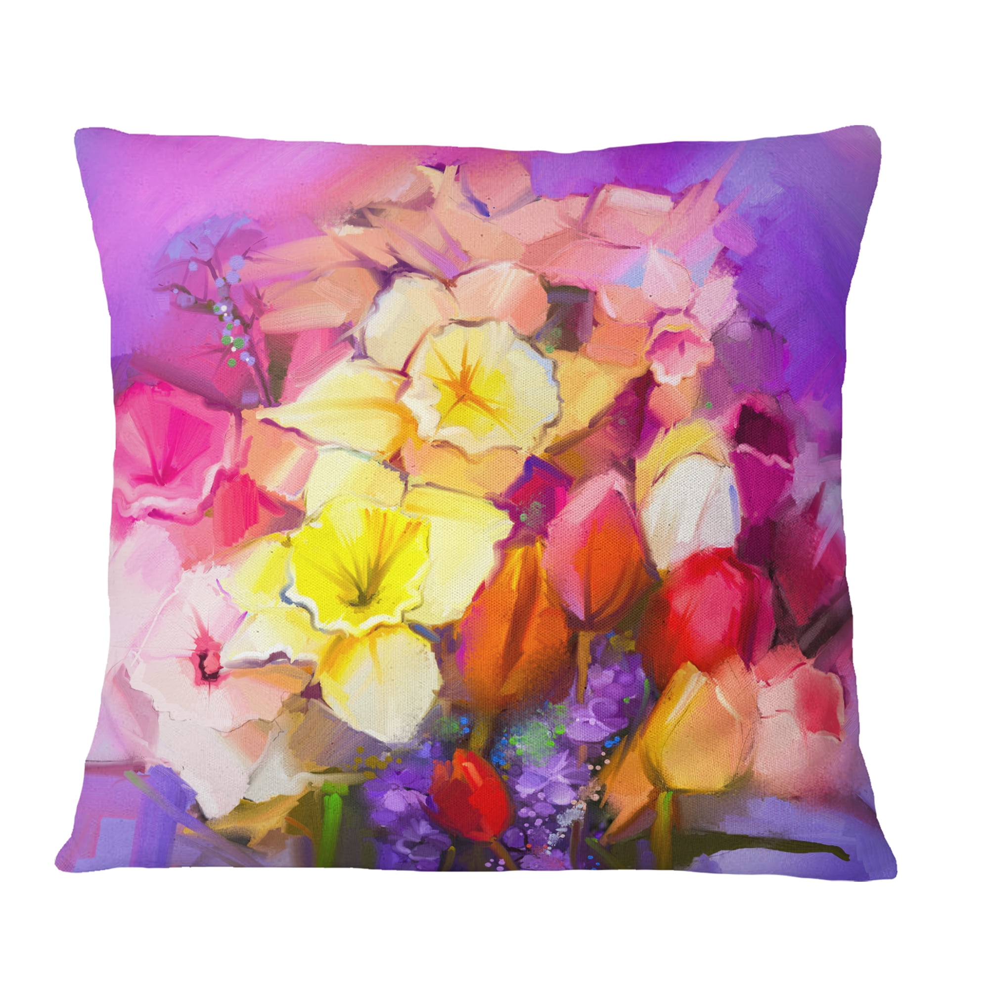Designart Bouquet of Daffodil and Tulip Flowers - Floral Throw Pillow - 16x16
