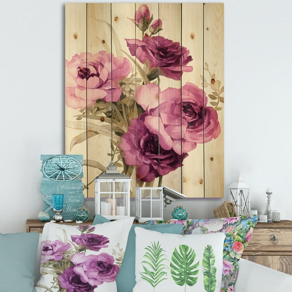 Designart 'Bouquet of Dark Pink Roses' Traditional Print on Natural Pine Wood