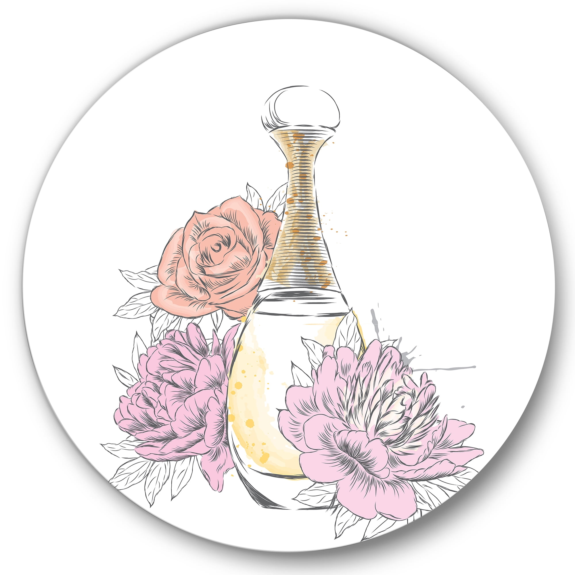 Designart 'Bouquet of Flowers and Perfume Bottle I' Traditional Circle Metal Wall Art 29x29 - Disc of 29
