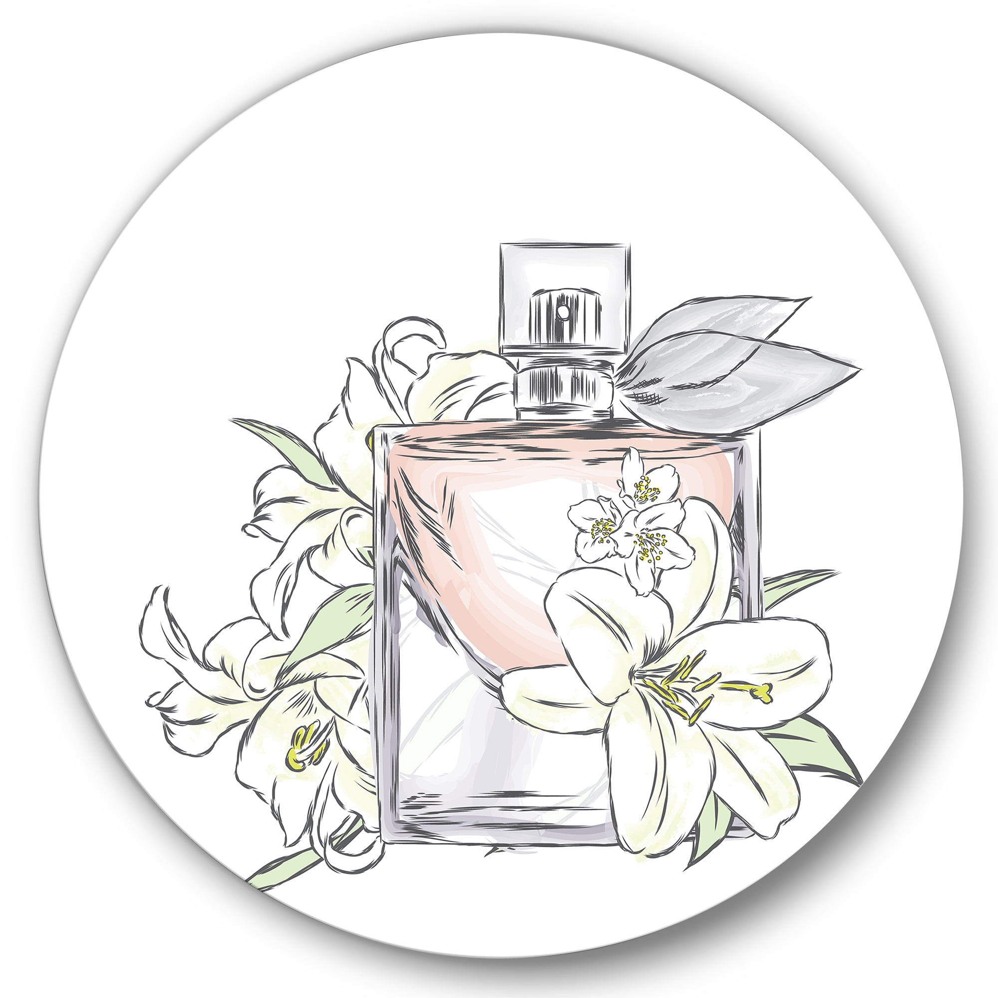 Designart 'Bouquet of Flowers and Perfume Bottle II' Traditional Circle Metal Wall Art 36x36 - Disc of 36