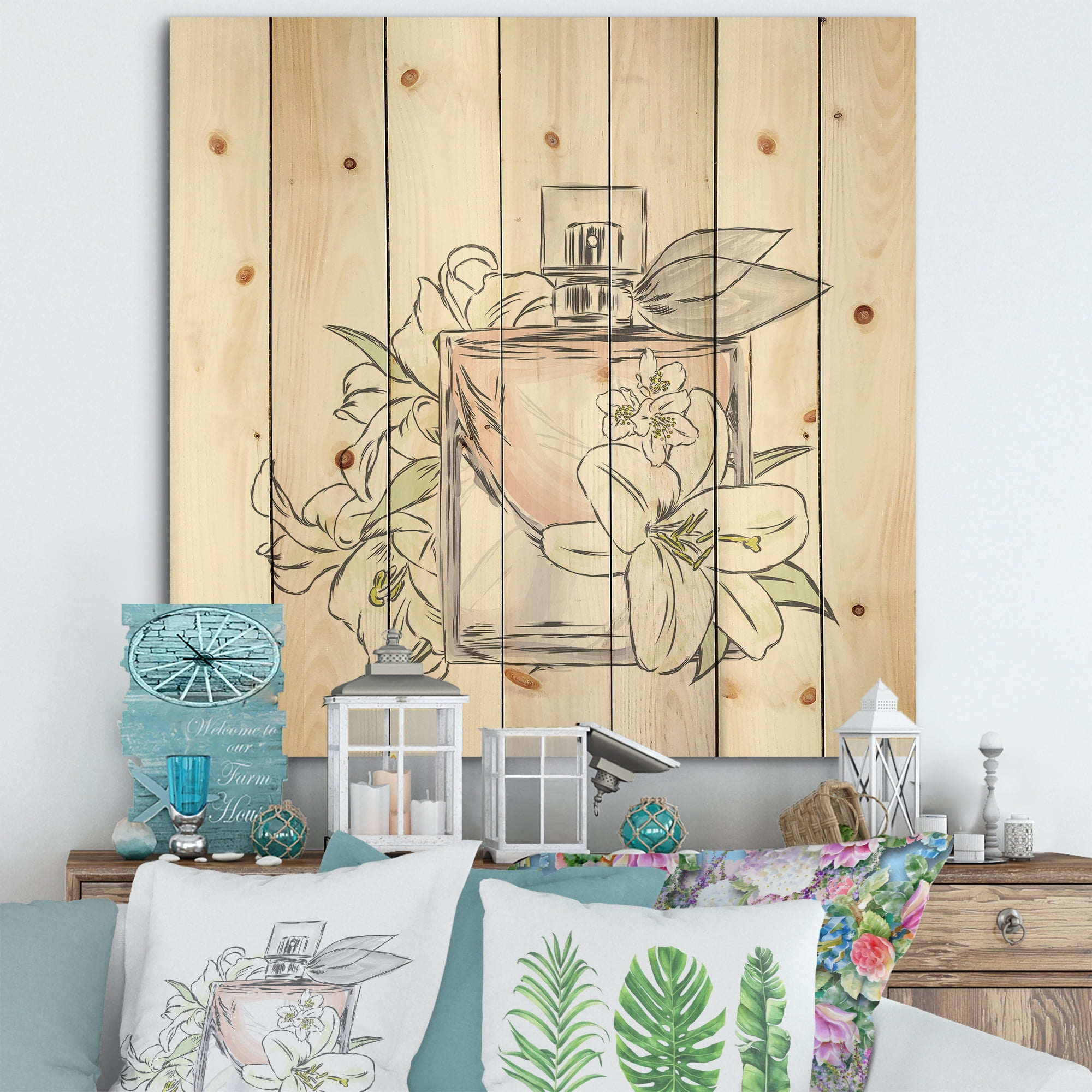 Designart 'Bouquet of Flowers and Perfume Bottle II' Traditional Print on Natural Pine Wood