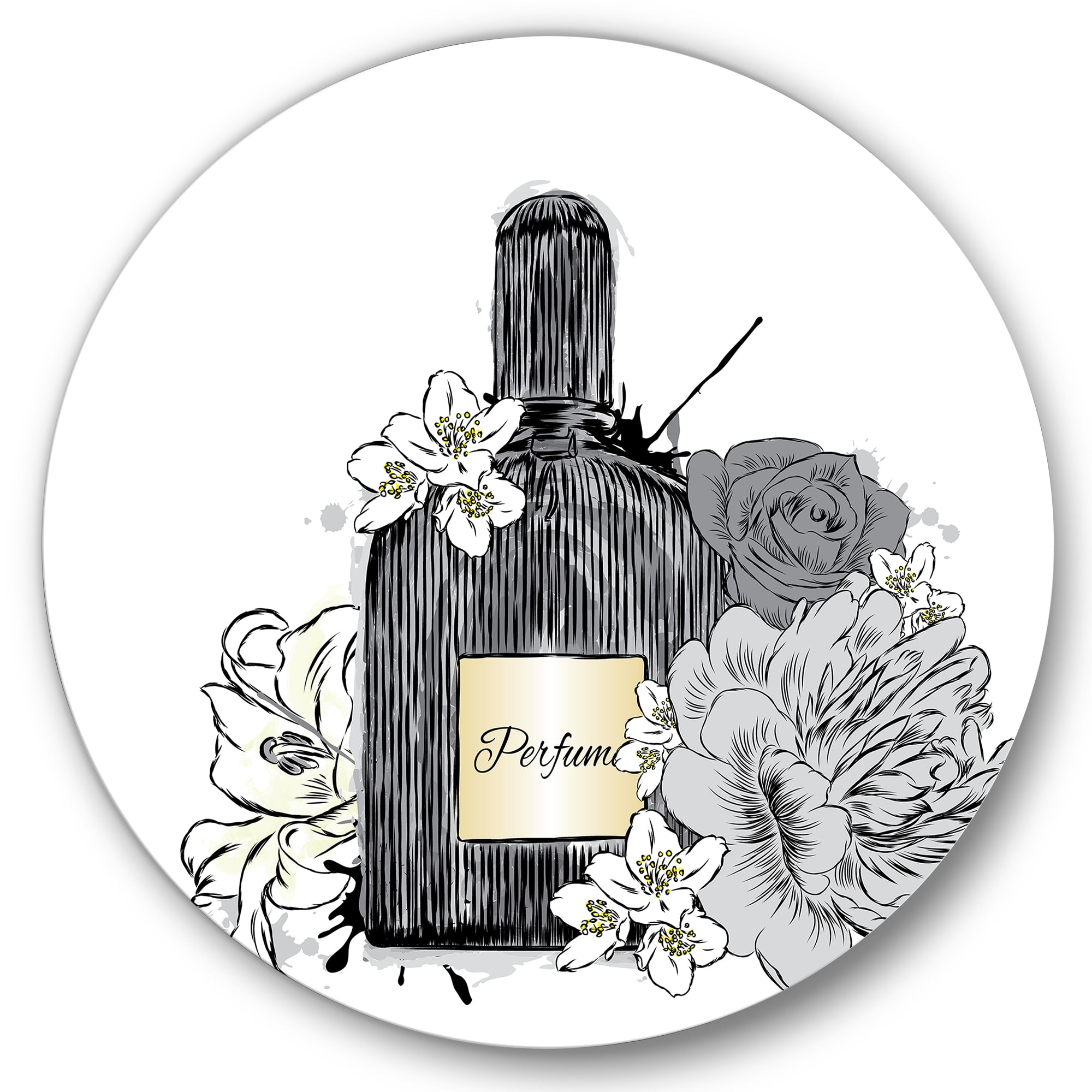 Designart 'Bouquet of Flowers and Perfume Bottle III' Traditional Circle Metal Wall Art 11x11 - Disc of 11