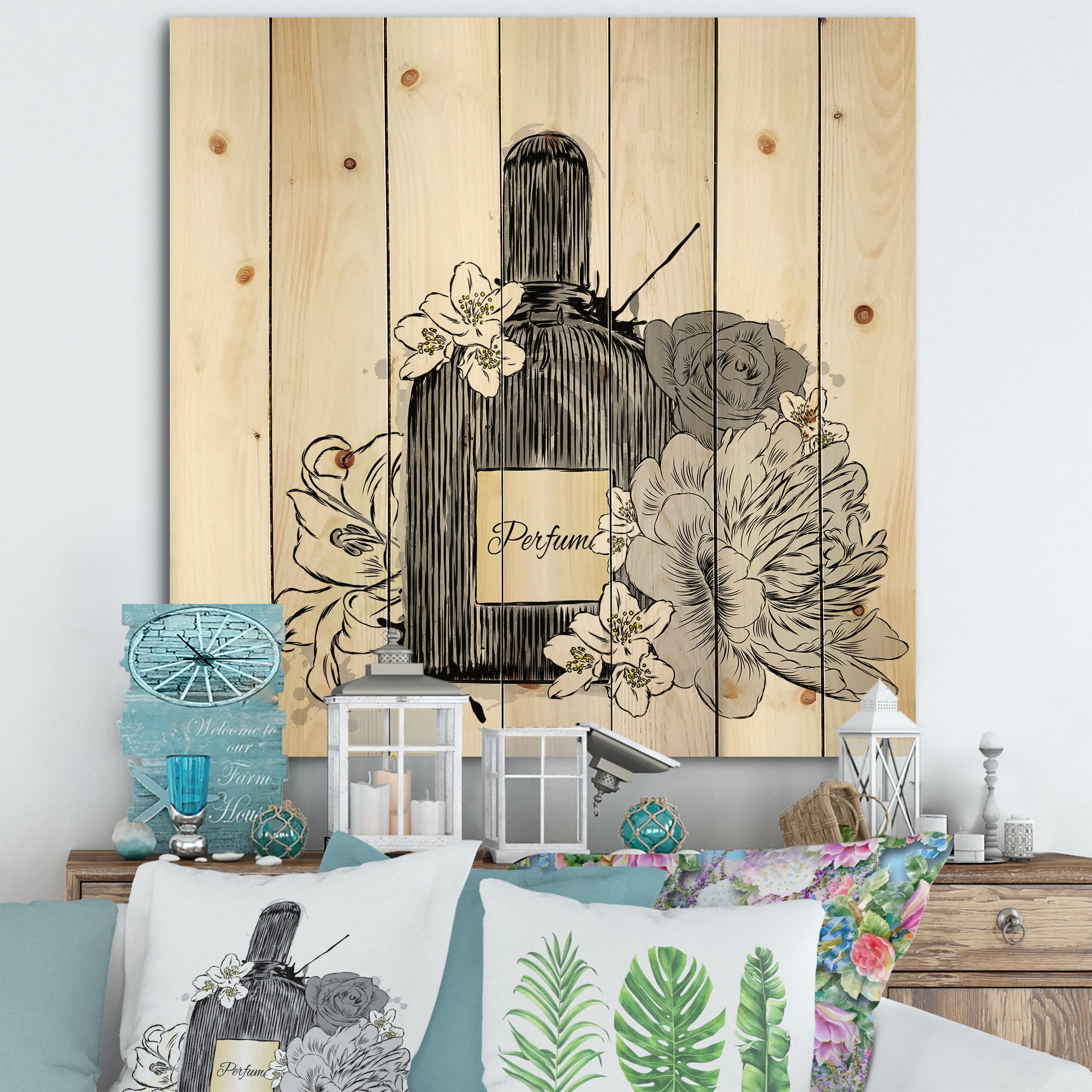 Designart 'Bouquet of Flowers and Perfume Bottle III' Traditional Print on Natural Pine Wood