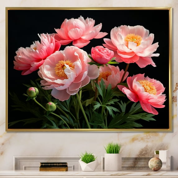 Designart "Bouquet of Pink Black Peonies" Floral Floater Framed Canvas Wall Art