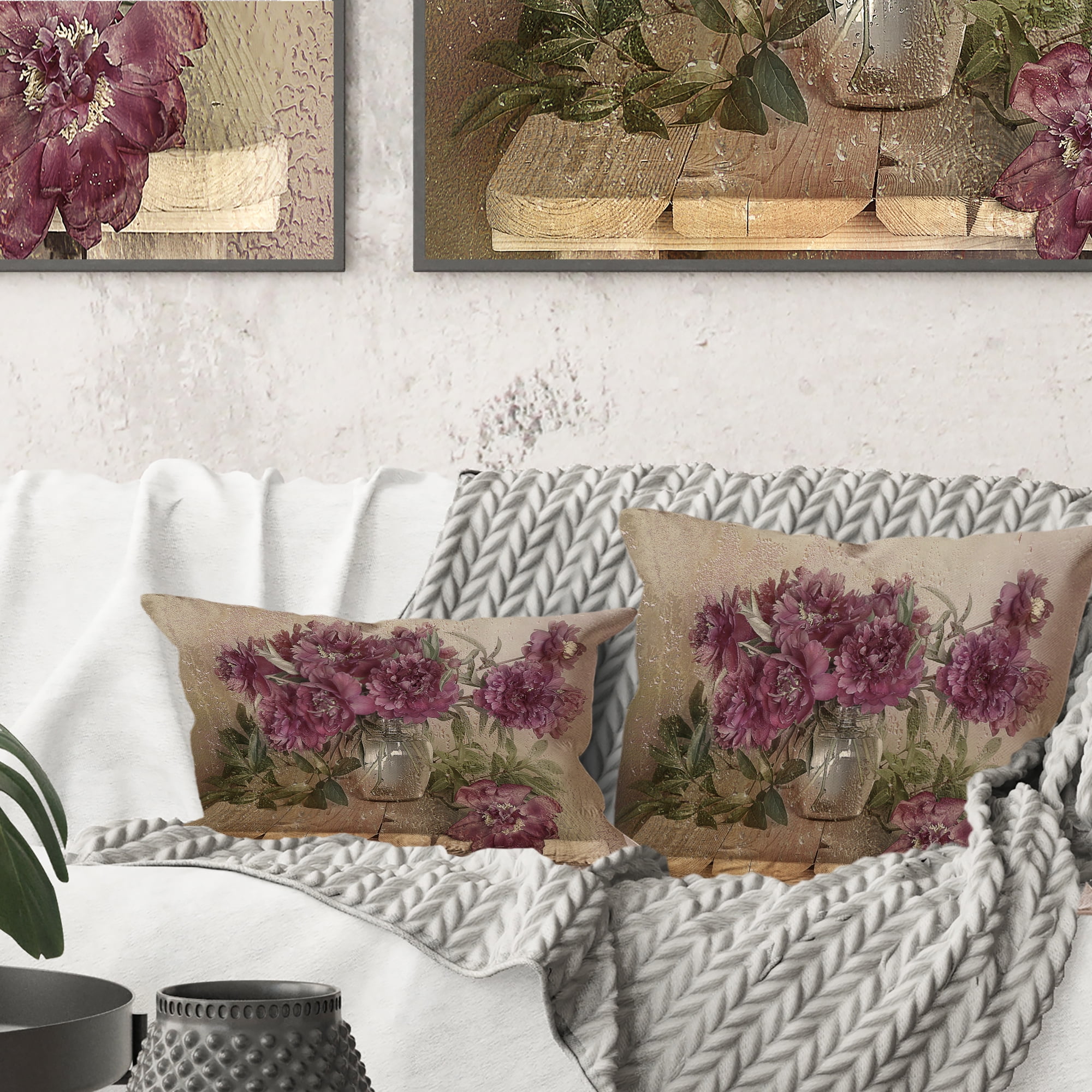 Designart Bouquet of Pink Peonies - Floral Throw Pillow - 18x18