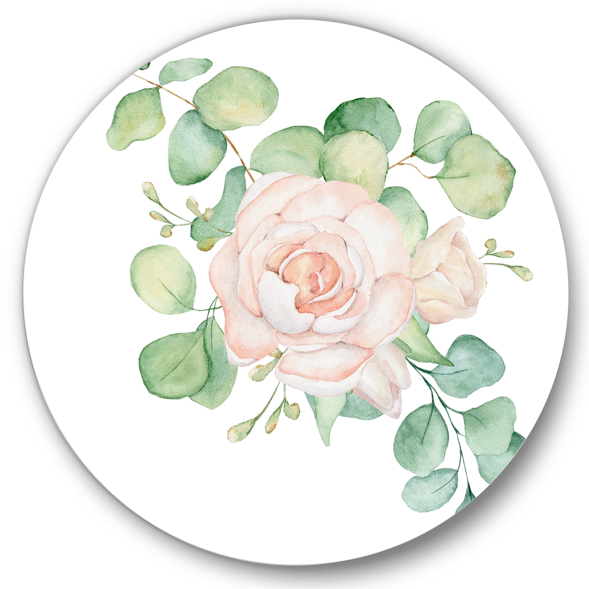 Designart 'Bouquet of Pink Roses Flowers and Eucalyptus Leaves' Traditional Circle Metal Wall Art 29x29 - Disc of 29