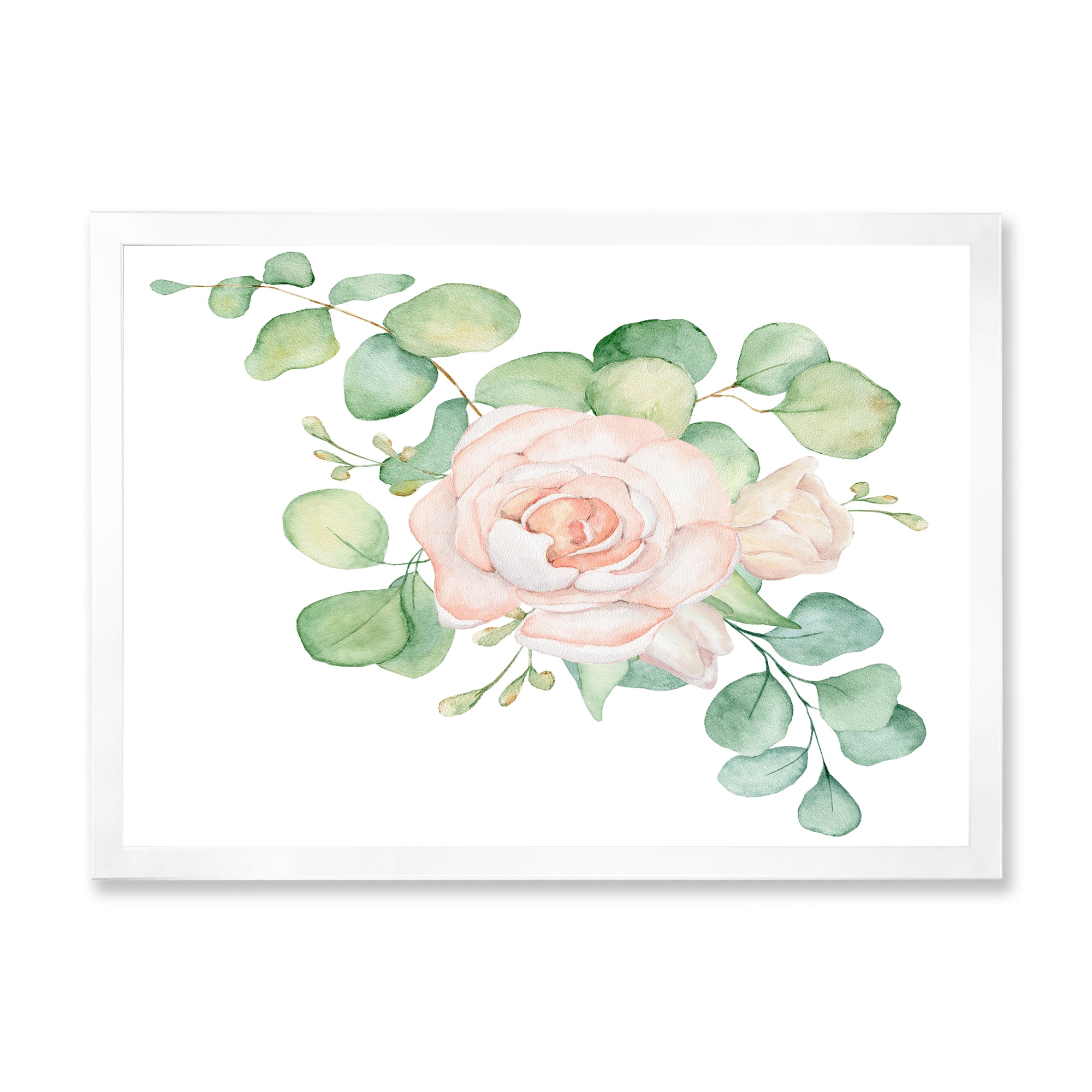Designart 'Bouquet of Pink Roses Flowers and Eucalyptus Leaves' Traditional Framed Art Print