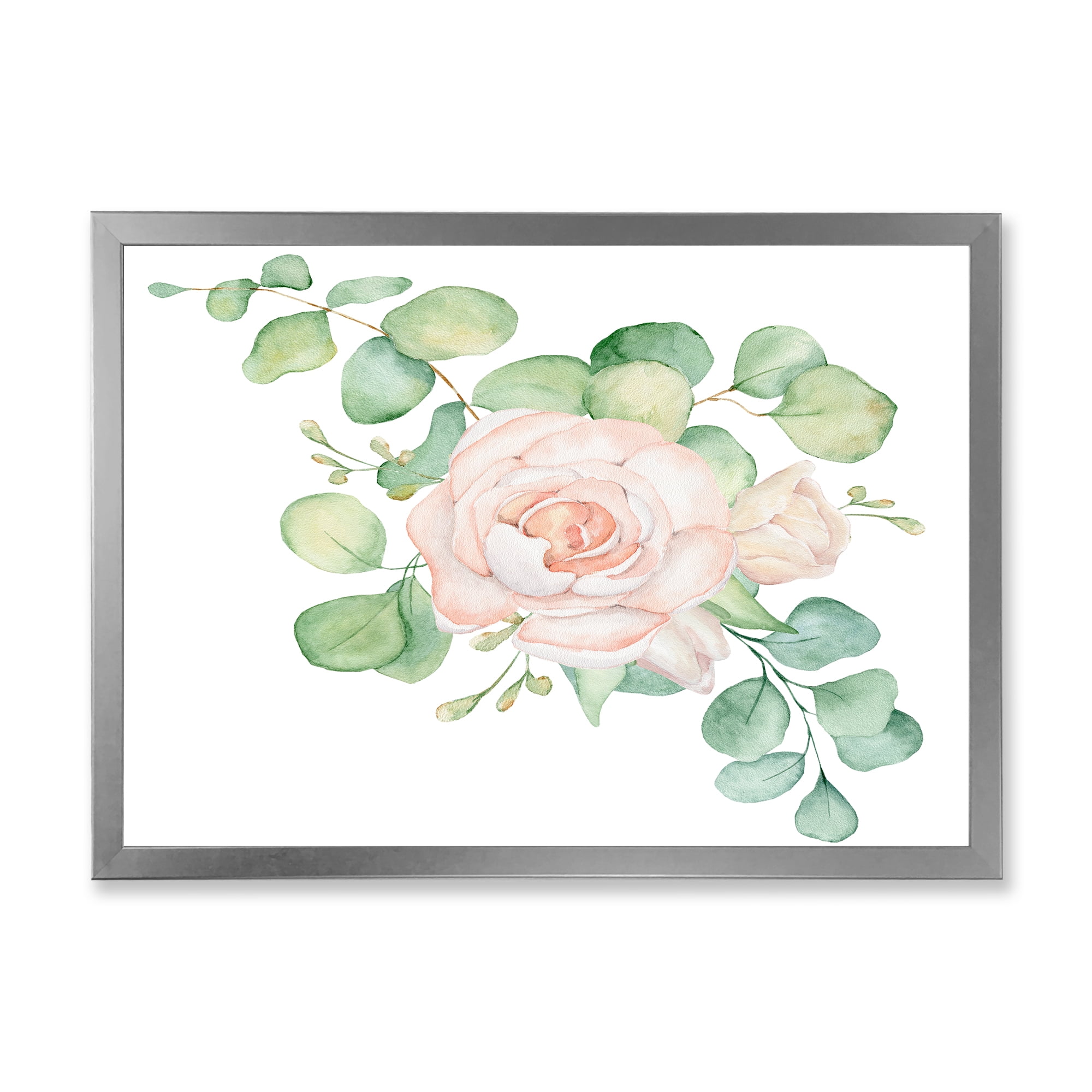 Designart 'Bouquet of Pink Roses Flowers and Eucalyptus Leaves' Traditional Framed Art Print