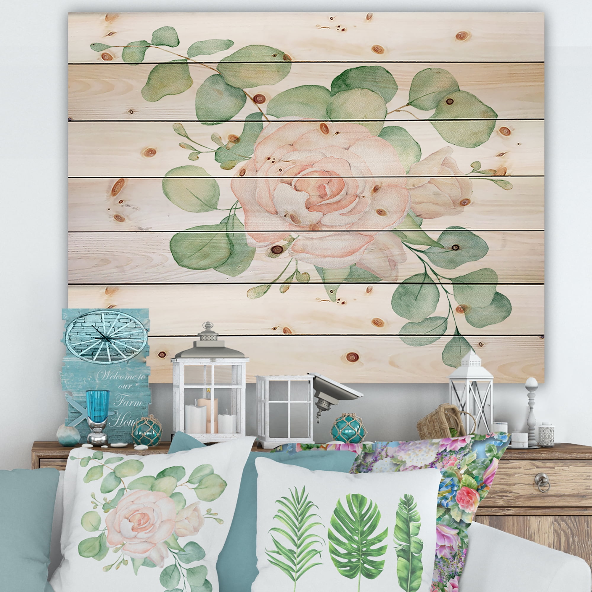 Designart 'Bouquet of Pink Roses Flowers and Eucalyptus Leaves' Traditional Print on Natural Pine Wood