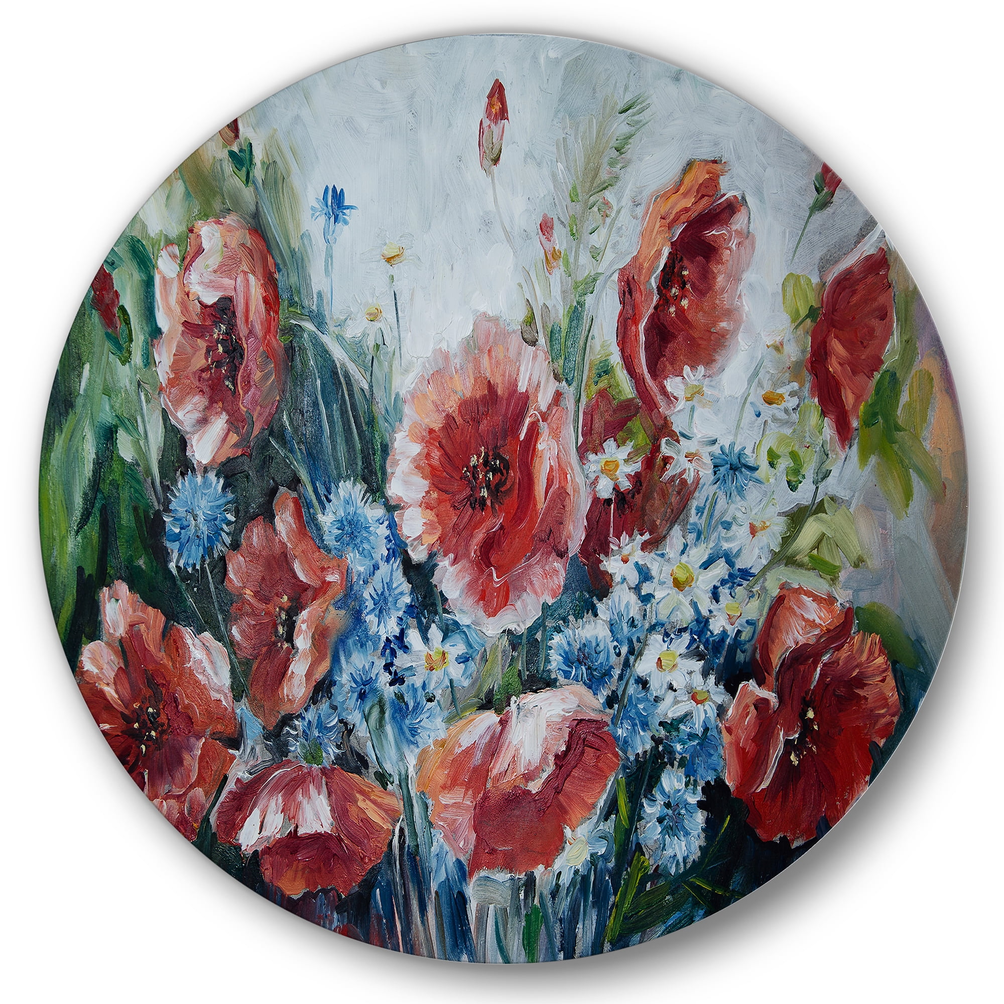 Designart 'Bouquet of Poppies Retro Style' Traditional Circle Metal Wall Art 11x11 - Disc of 11