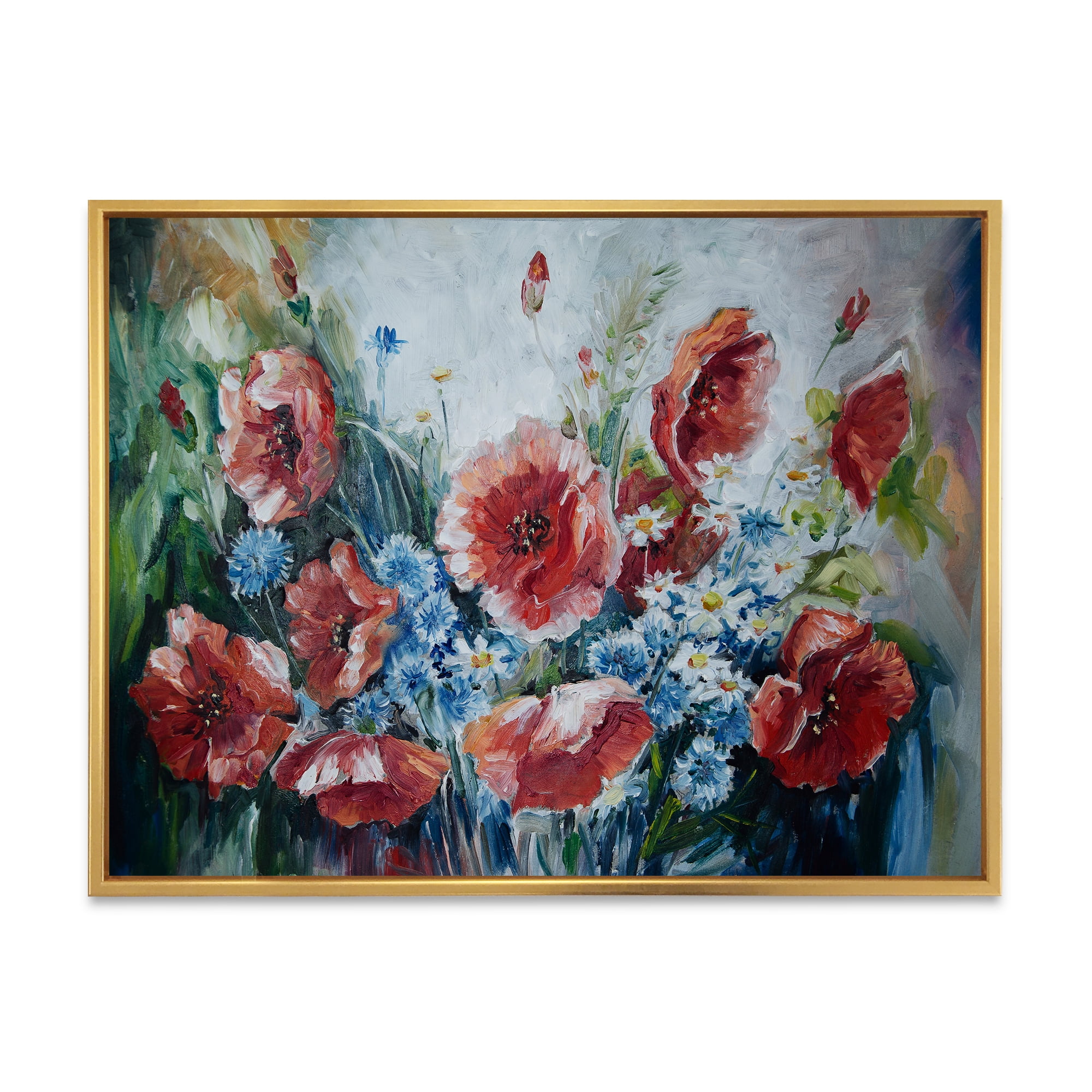 Designart 'Bouquet of Poppies Retro Style' Traditional Framed Canvas Wall Art Print