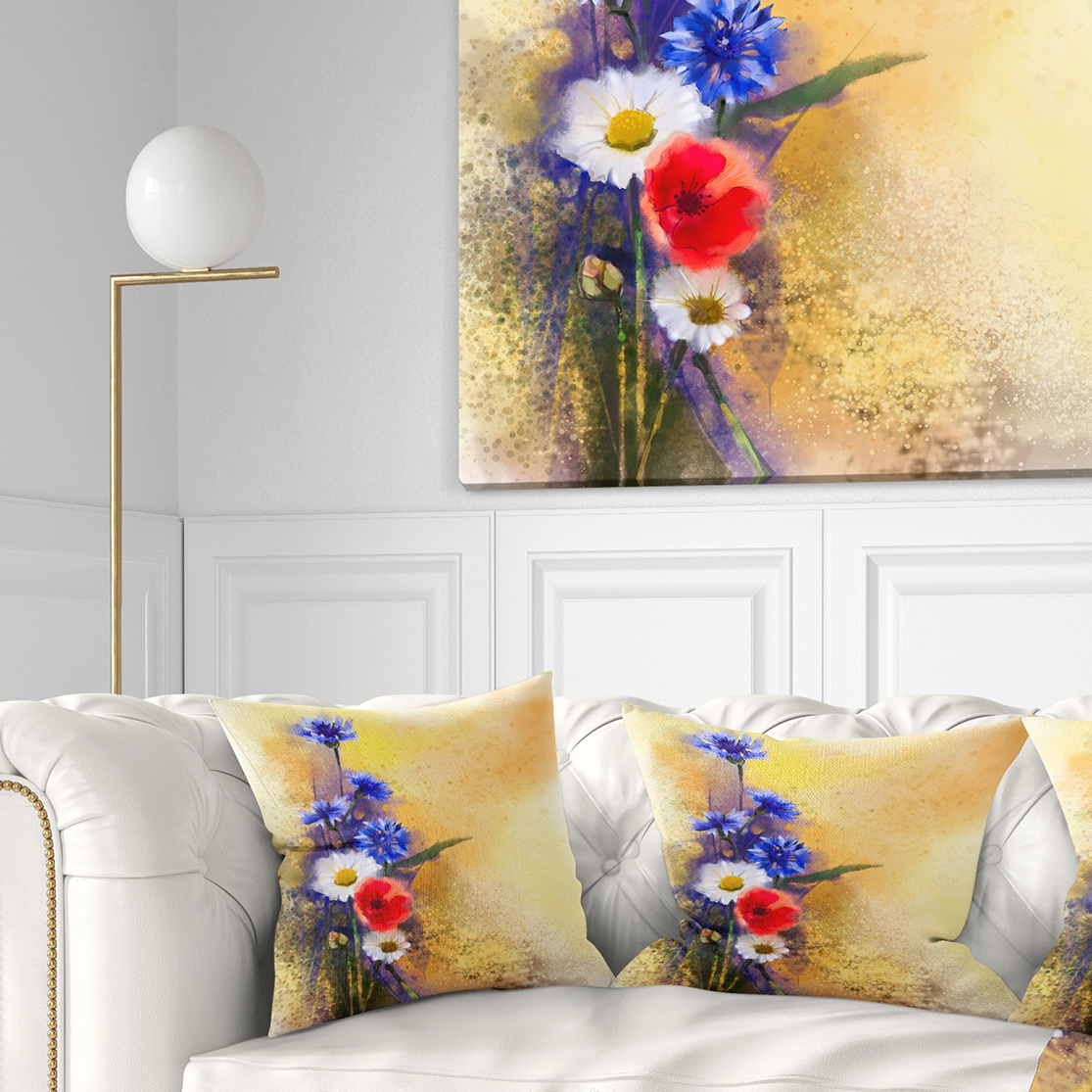 Designart Bouquet of Poppy Cornflower and Daisy - Floral Throw Pillow - 16x16