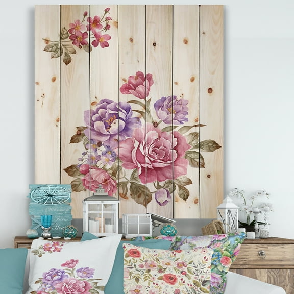 Designart 'Bouquet of Purple and Pink Flowers I' Farmhouse Print on Natural Pine Wood
