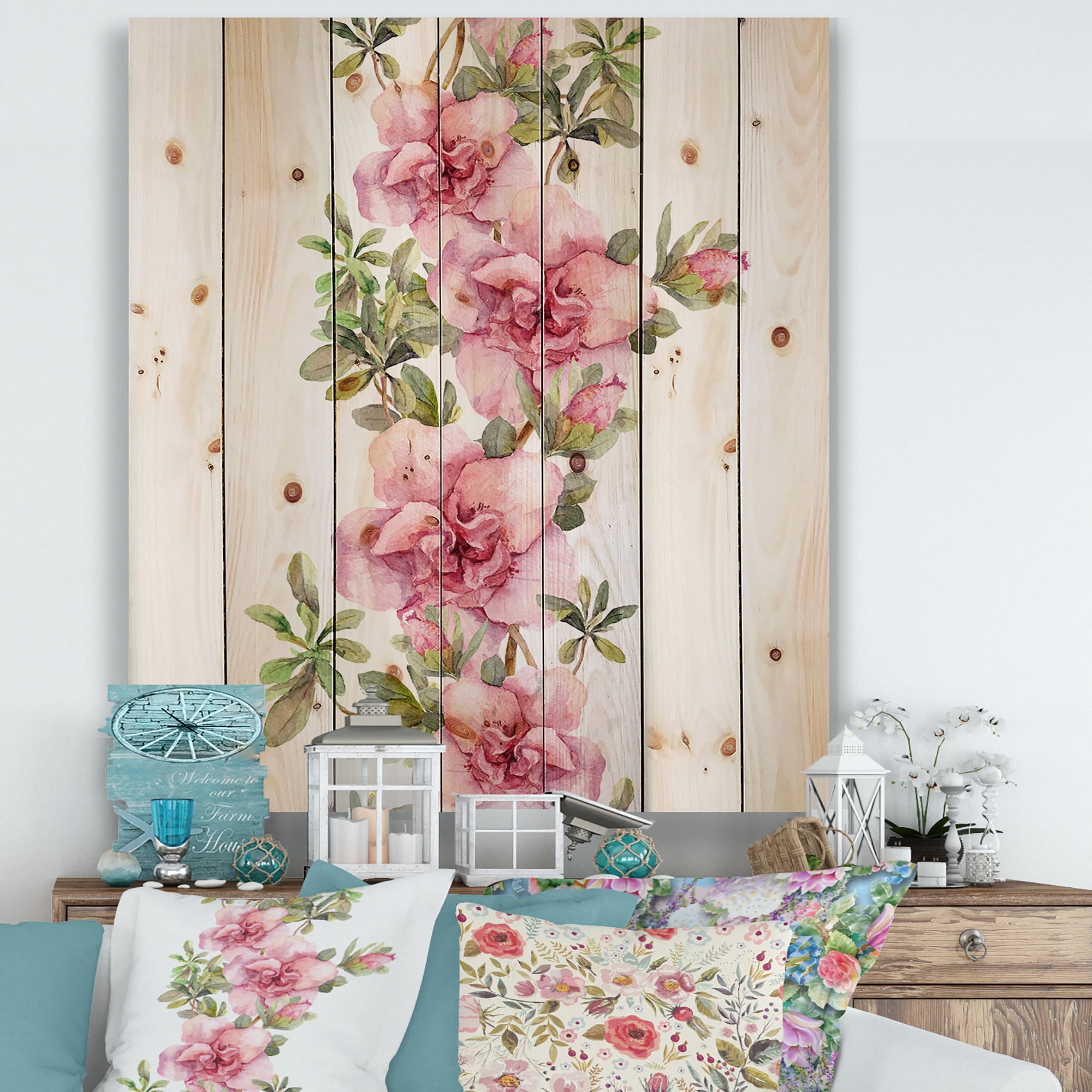 Designart 'Bouquet of Purple and Pink Flowers II' Farmhouse Print on Natural Pine Wood