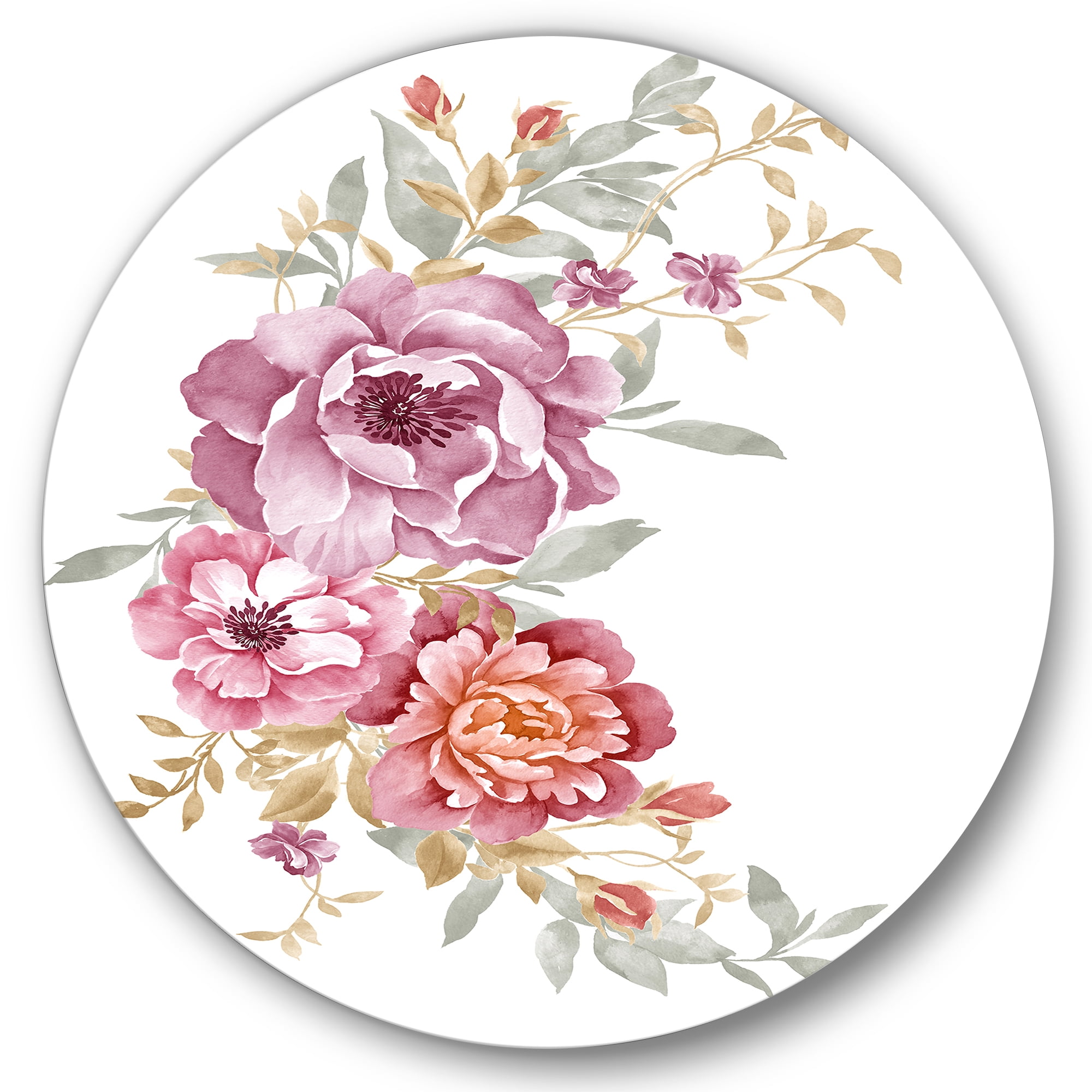 Designart 'Bouquet of Purple and Pink Flowers III' Farmhouse Circle Metal Wall Art 23x23 - Disc of 23