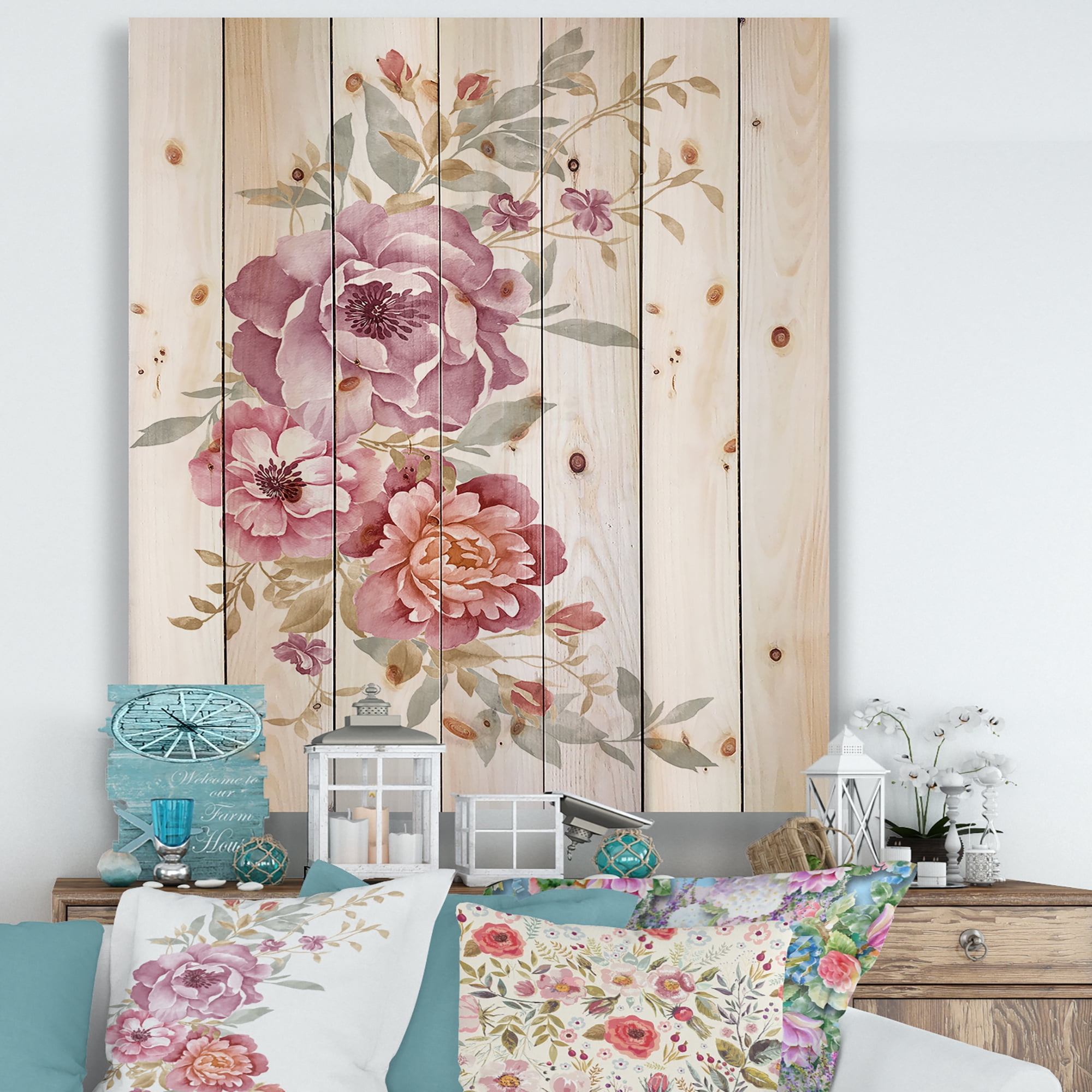 Designart 'Bouquet of Purple and Pink Flowers III' Farmhouse Print on Natural Pine Wood