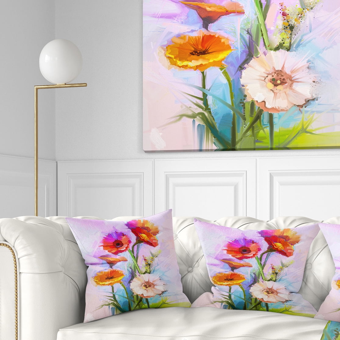 Designart Bouquet of Red White Flowers - Floral Throw Pillow - 16x16