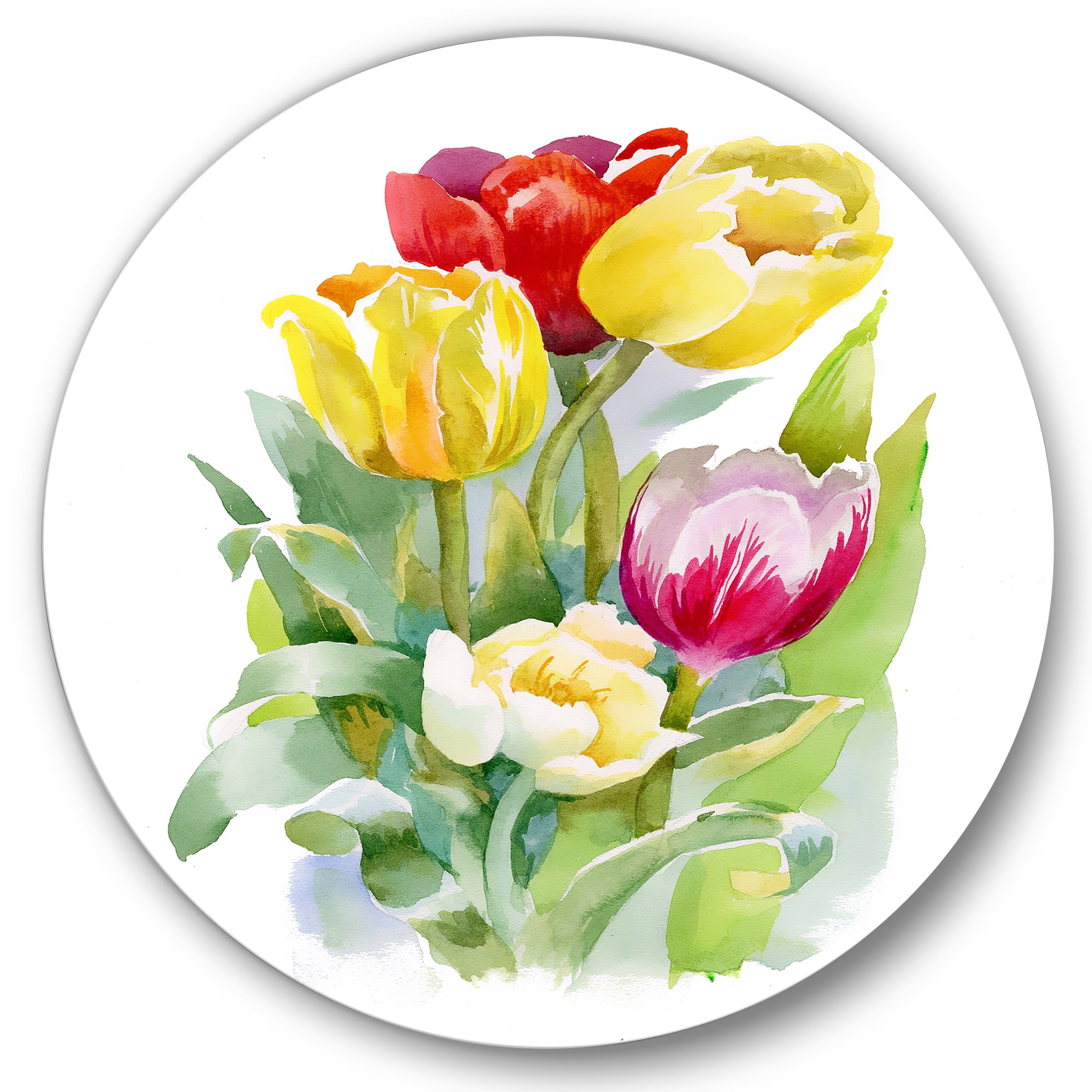 Designart 'Bouquet of Red and White Tulips' Traditional Circle Metal Wall Art 23x23 - Disc of 23