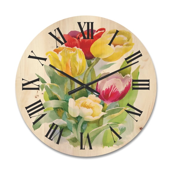 Designart 'Bouquet of Red and White Tulips' Traditional Wood Wall Clock