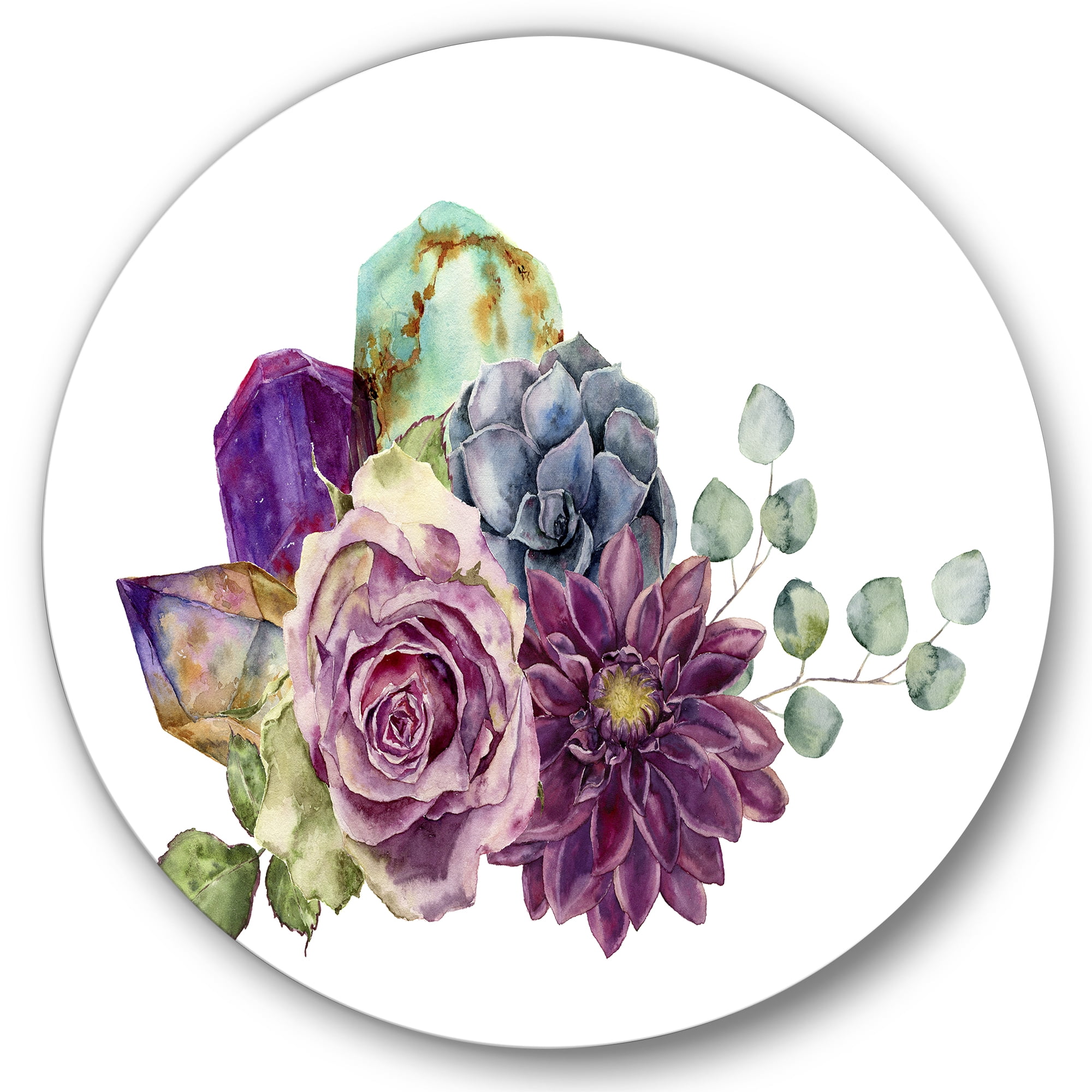 Designart 'Bouquet of Succulents Eucalyptus With Flowers' Traditional Circle Metal Wall Art 36x36 - Disc of 36