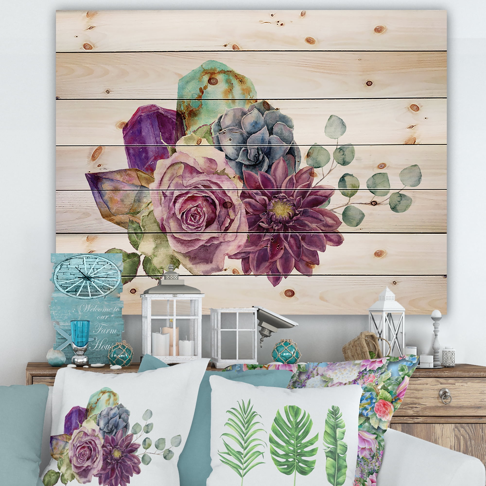 Designart 'Bouquet of Succulents Eucalyptus With Flowers' Traditional Print on Natural Pine Wood