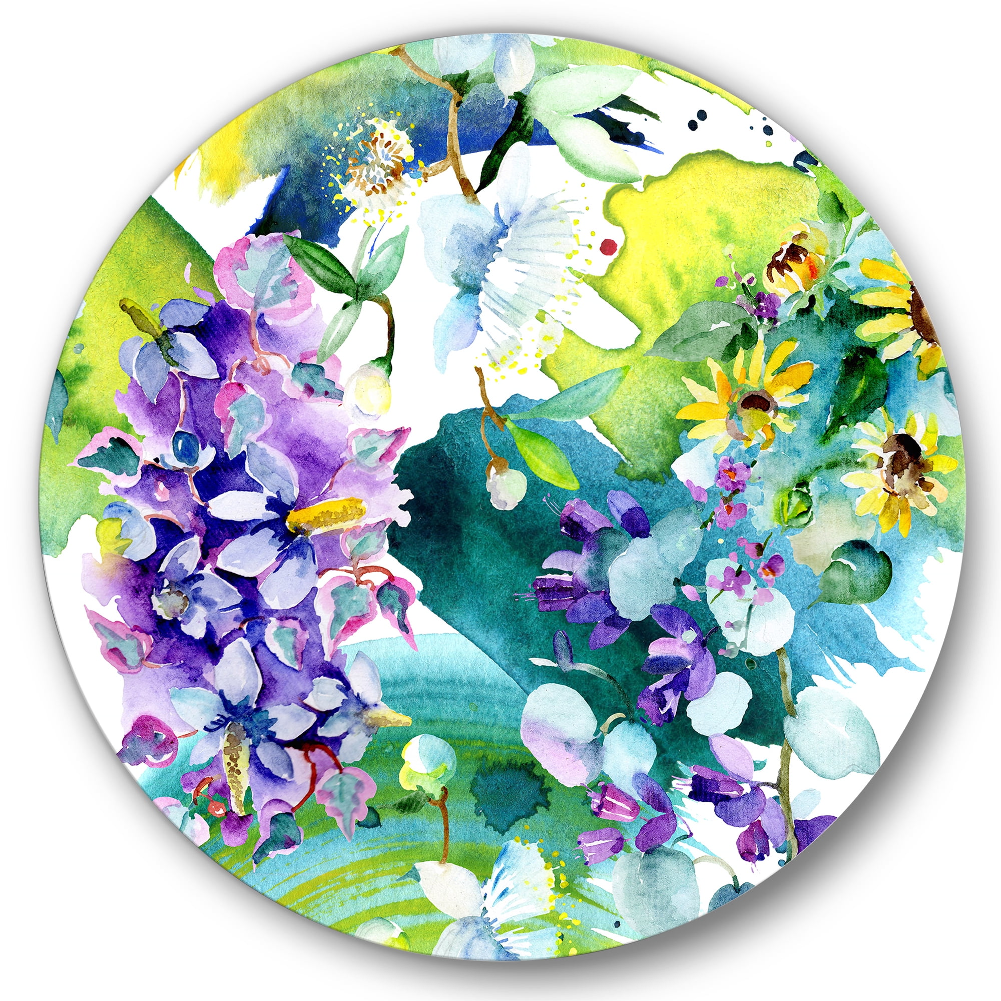 Designart 'Bouquet of Sunflowers and Wildflowers' Farmhouse Circle Metal Wall Art 36x36 - Disc of 36