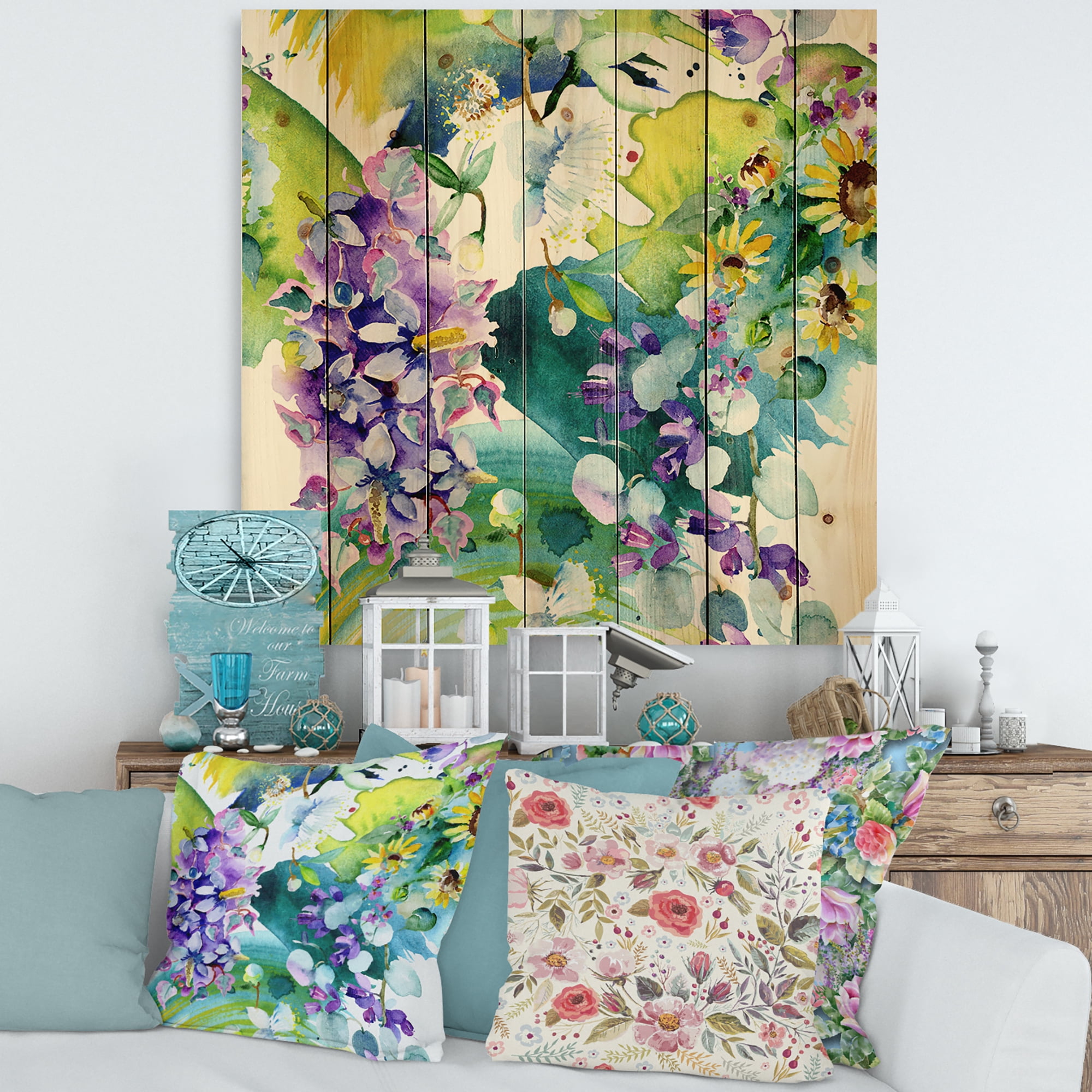 Designart 'Bouquet of Sunflowers and Wildflowers' Farmhouse Print on Natural Pine Wood