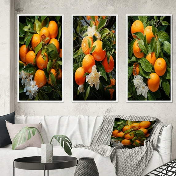Designart "Bouquet with a Tangerine Tango III" Farmhouse Framed Wall Art Set Of 3 - Yellow Dance Frame Canvas Set For Living Room Decor