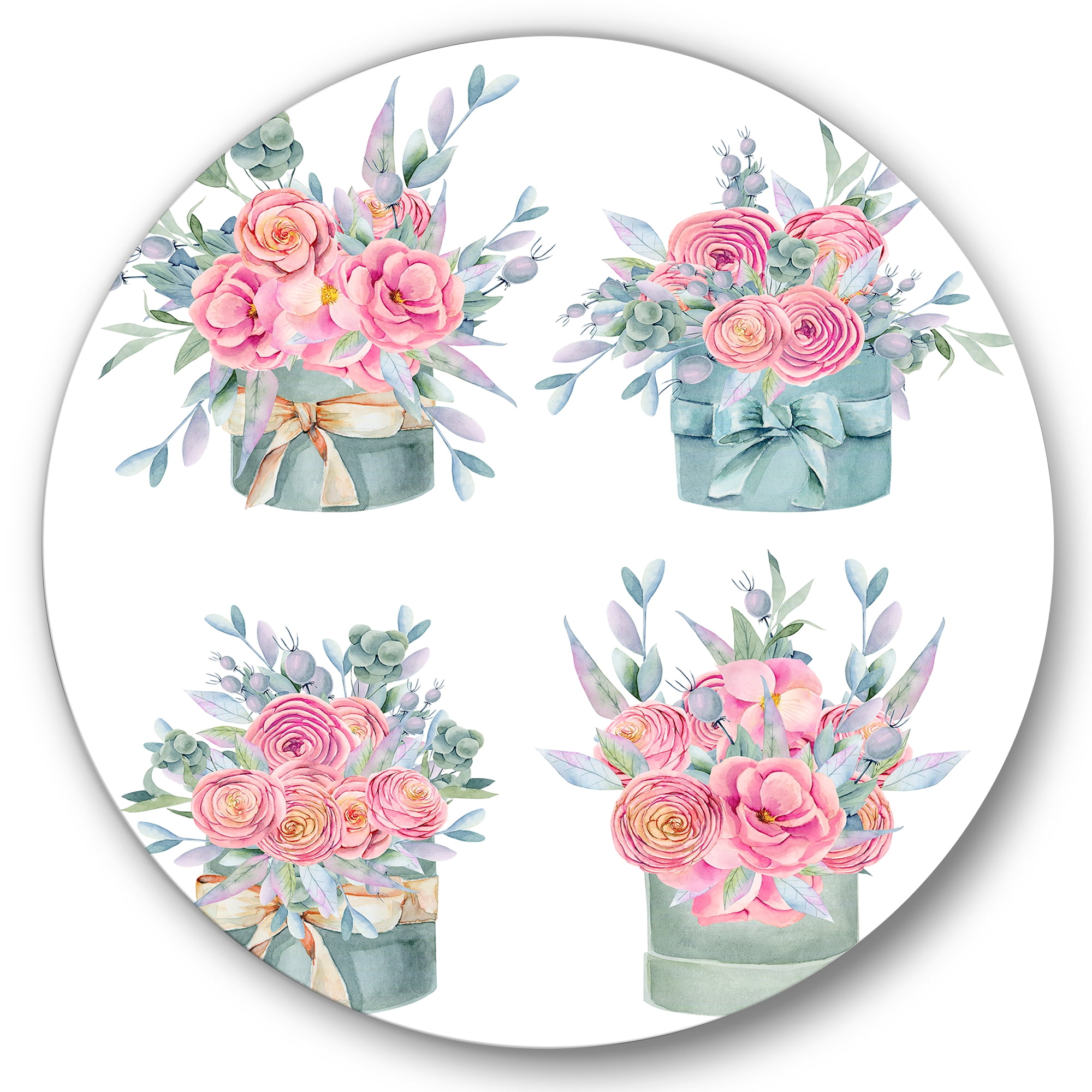Designart 'Bouquets Collection of Pink Roses' Farmhouse Circle Metal Wall Art 11x11 - Disc of 11