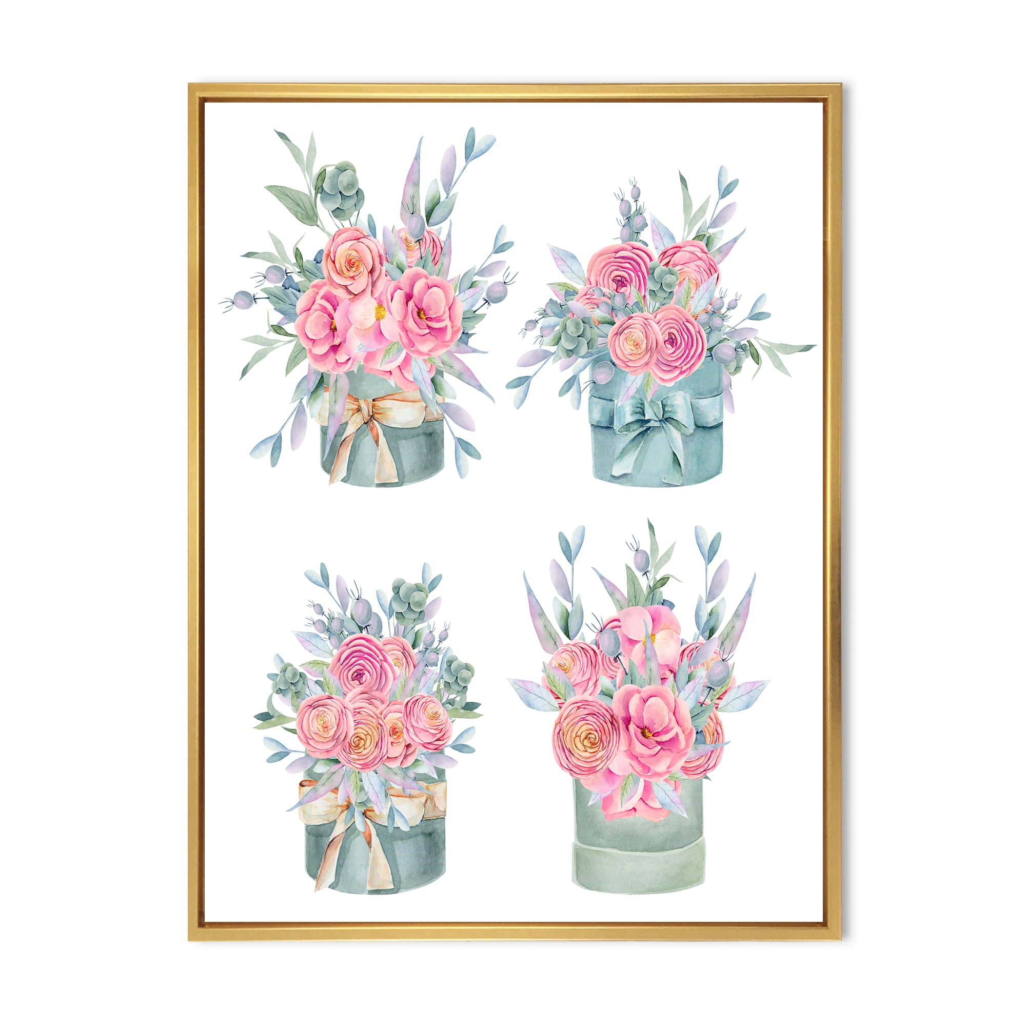 Designart 'Bouquets Collection of Pink Roses' Farmhouse Framed Canvas Wall Art Print