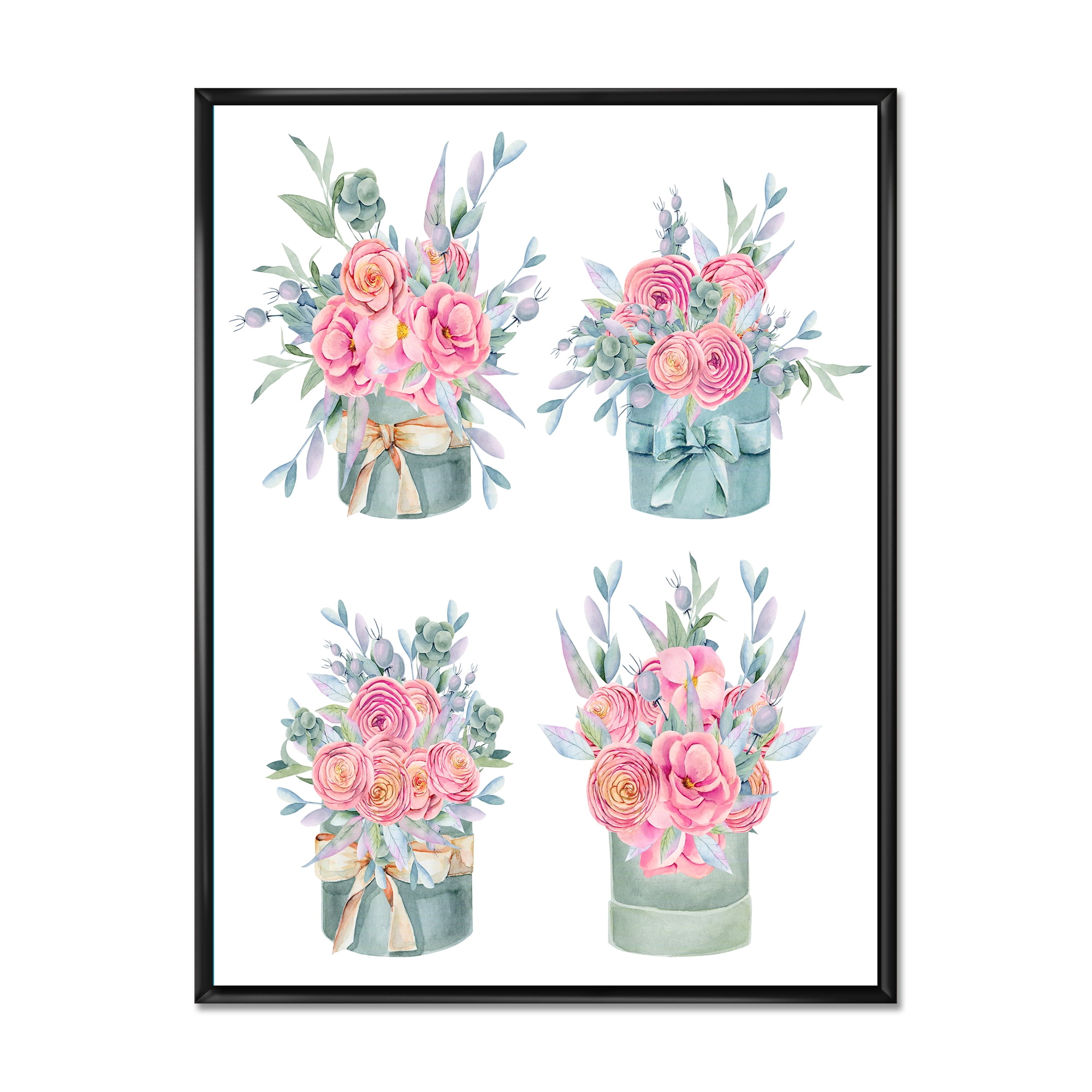 Designart 'Bouquets Collection of Pink Roses' Farmhouse Framed Canvas Wall Art Print