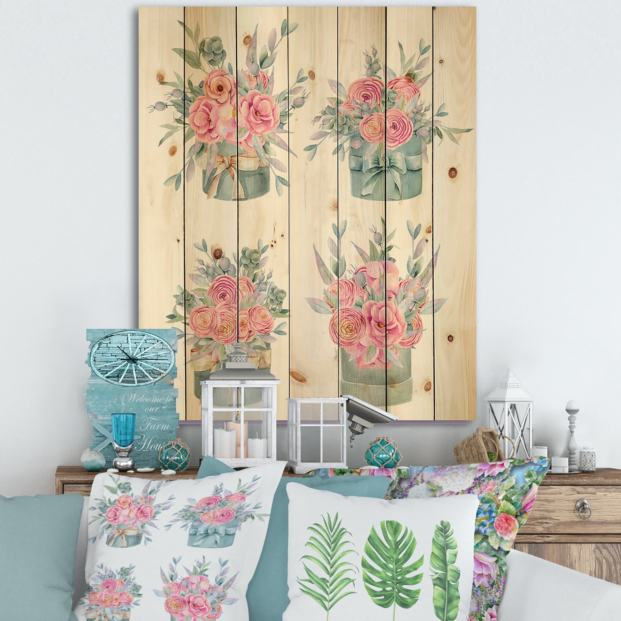 Designart 'Bouquets Collection of Pink Roses' Farmhouse Print on Natural Pine Wood