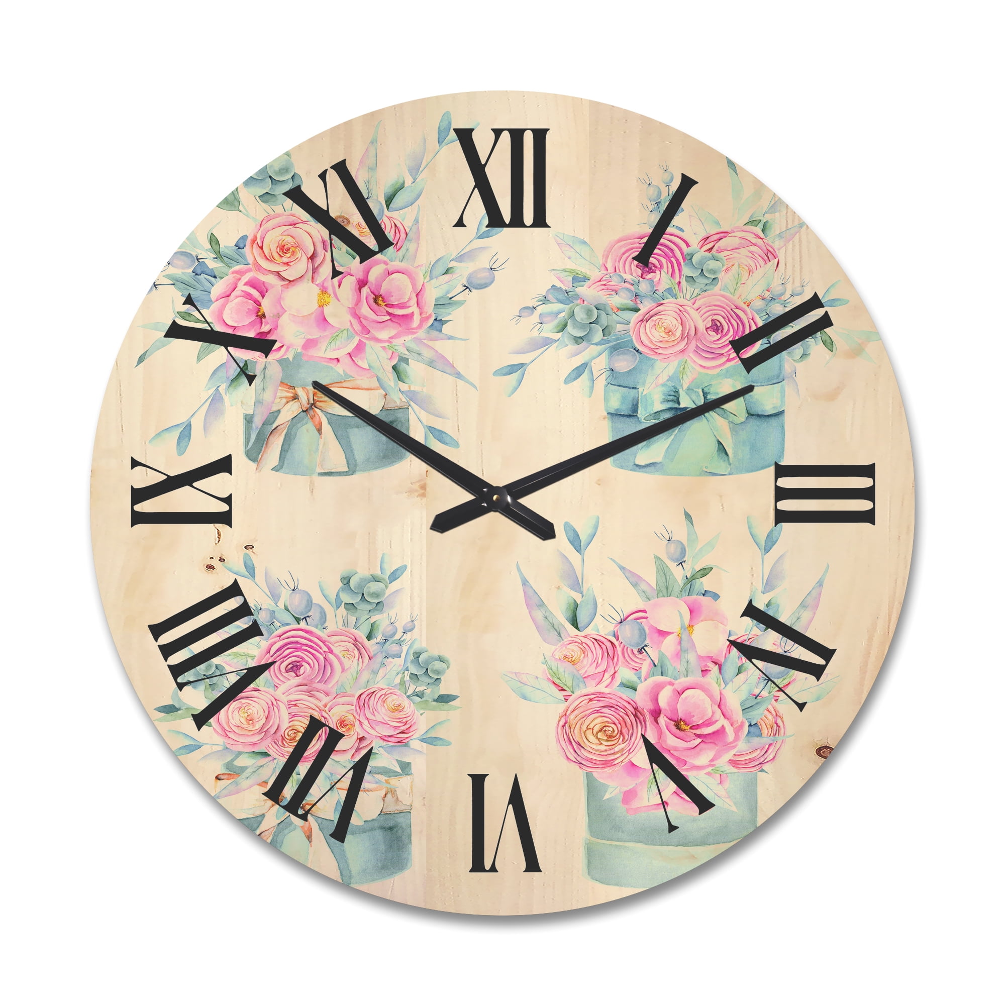Designart 'Bouquets Collection of Pink Roses' Farmhouse Wood Wall Clock
