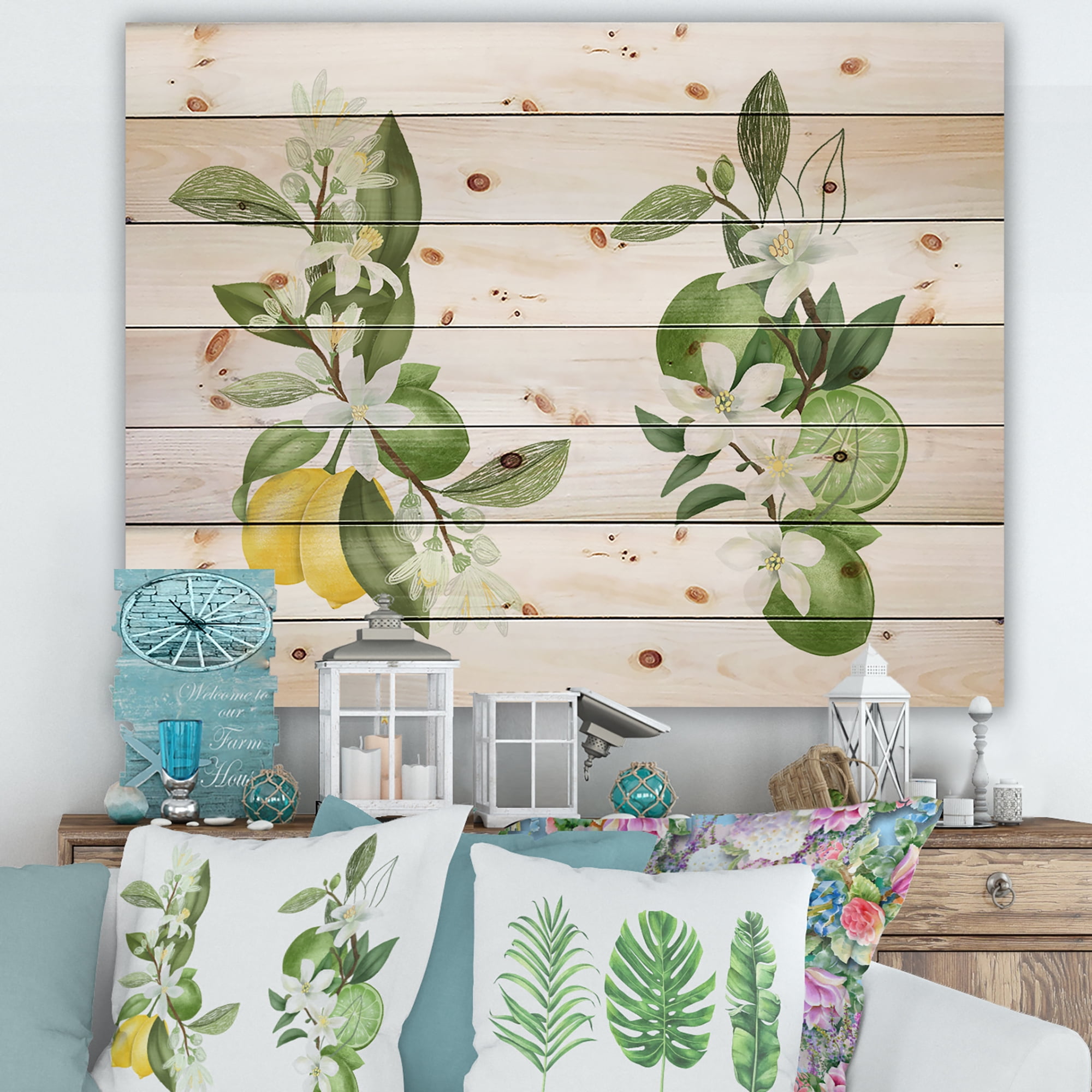 Designart 'Bouquets Of Blooming Lemon Tree Branches on White' Traditional Print on Natural Pine Wood
