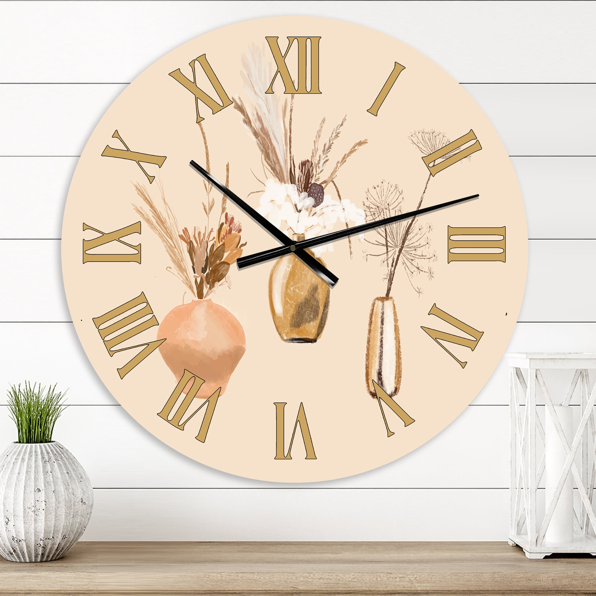 Designart 'Bouquets Of Wildflowers In Gold Vases I' Traditional Wall Clock