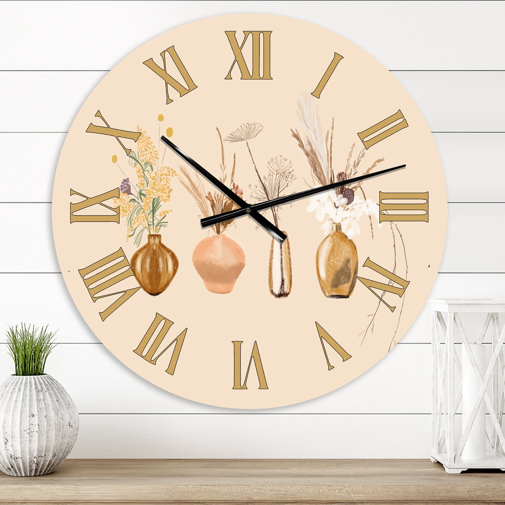 Designart 'Bouquets Of Wildflowers In Gold Vases Ii' Traditional Wall Clock