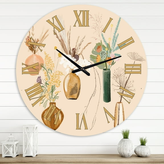 Designart 'Bouquets Of Wildflowers In Gold Vases Iii' Traditional Wall Clock